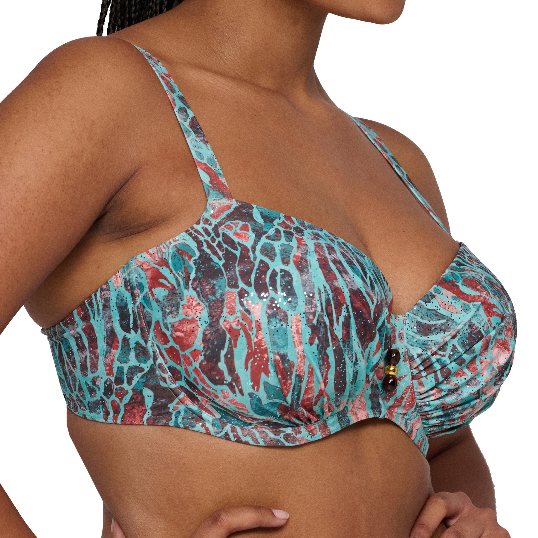 A model wearing a PrimaDonna Swim Summer-Spring Collection 2025 top, blue leopard print, side view.