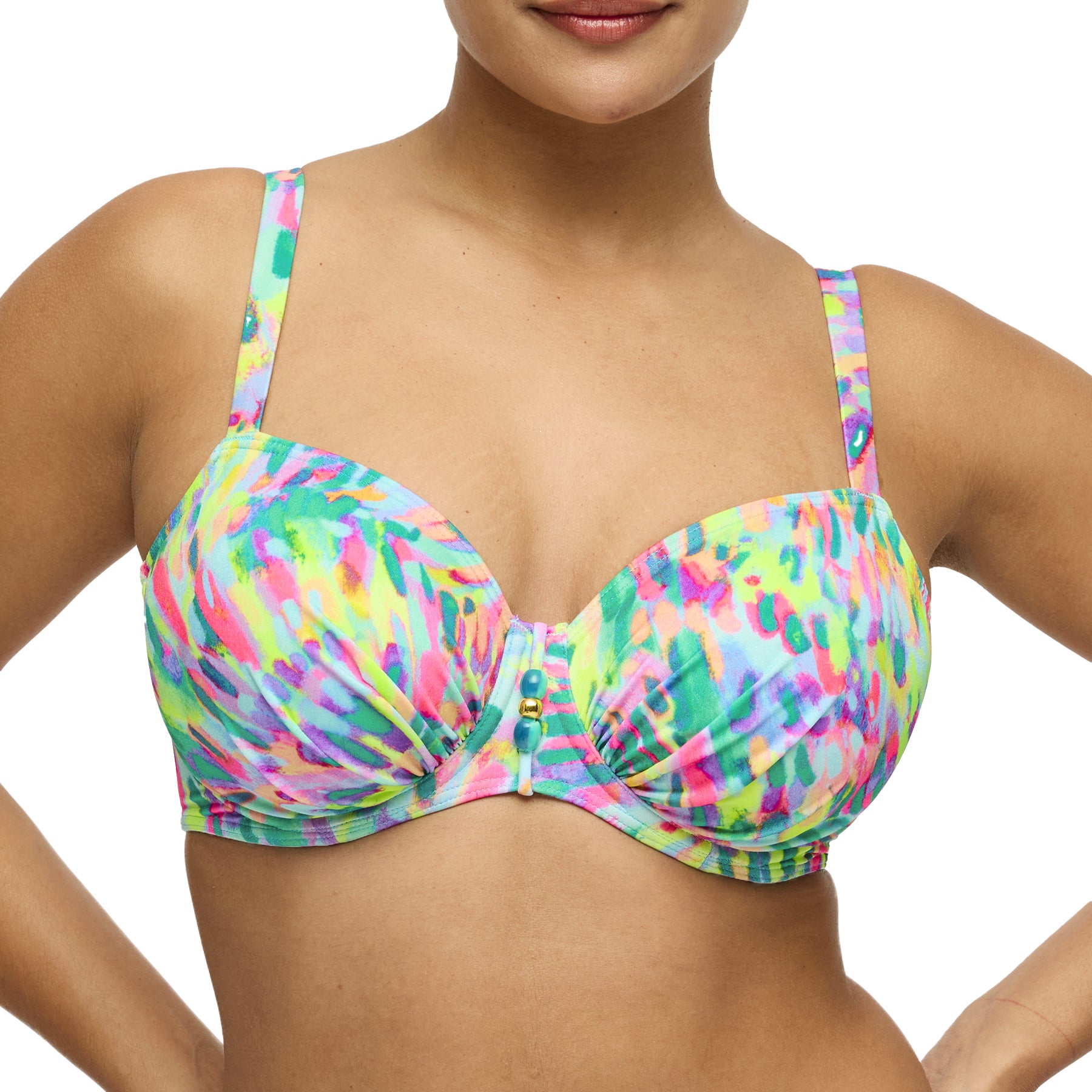 Close-up of abstract print bikini top with gathered cups and decorative centre detail – style 401-4010.