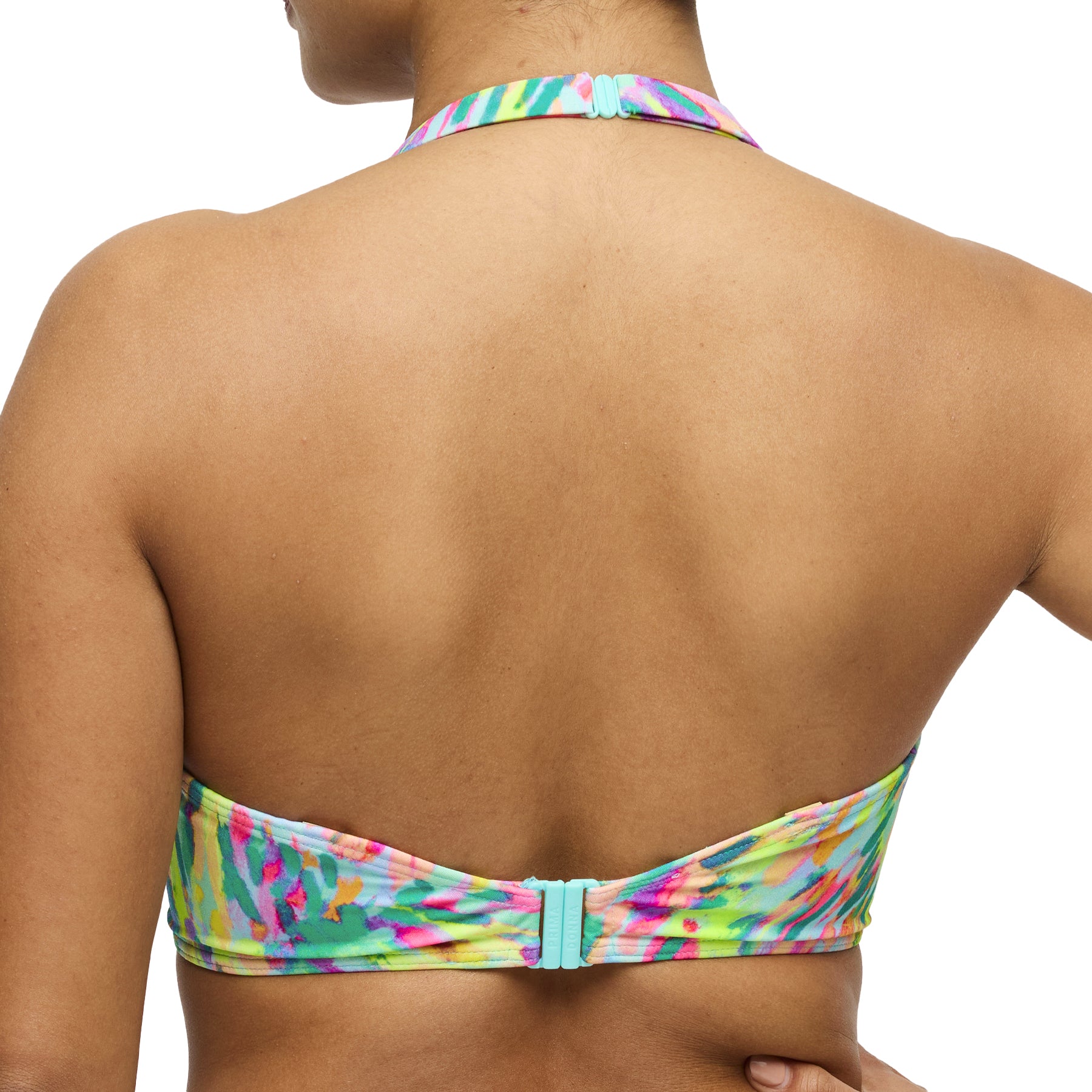 Back detail of multicolour abstract bikini top showing clasp fastening – style 401-4010.