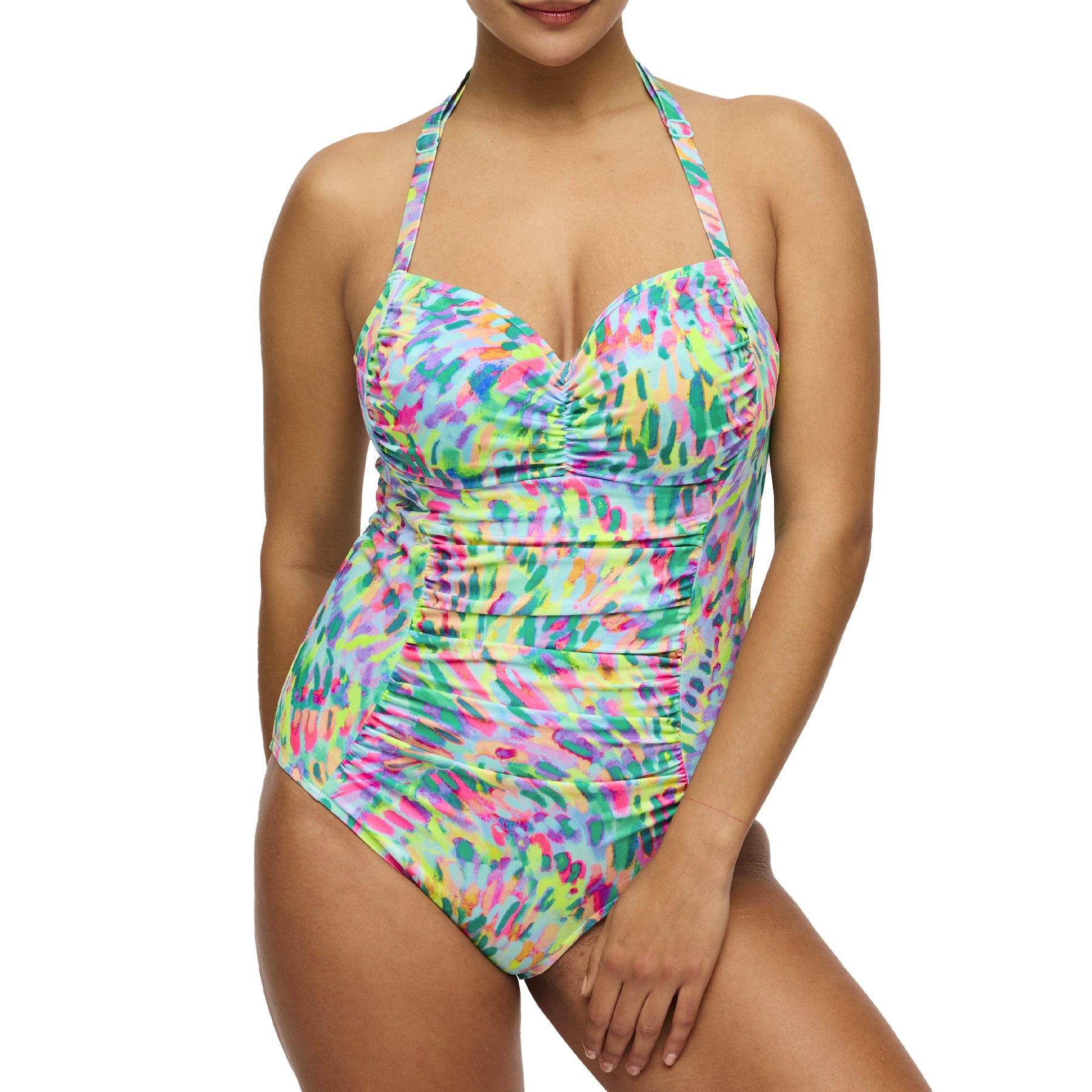Close-up of abstract print one-piece swimsuit showing ruched bodice and adjustable straps – style 401-4030.