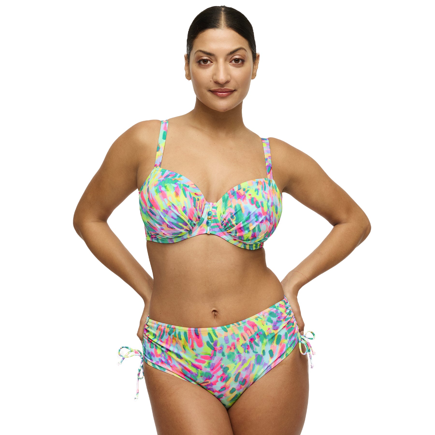 Woman wearing abstract multicolour underwire bikini top with matching side-tie bikini bottoms – style 401-4052.