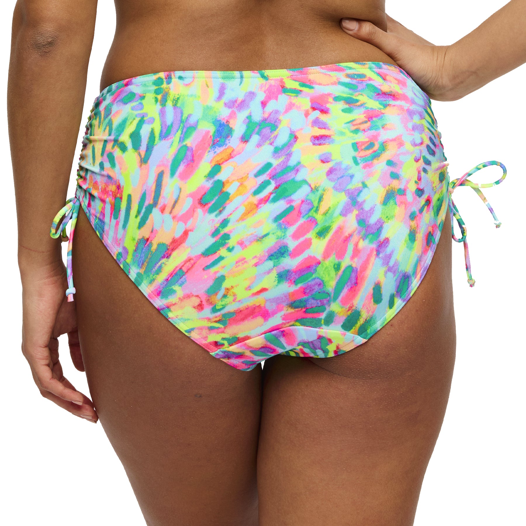 Back view of abstract multicolour bikini bottom with moderate coverage – style 401-4052.