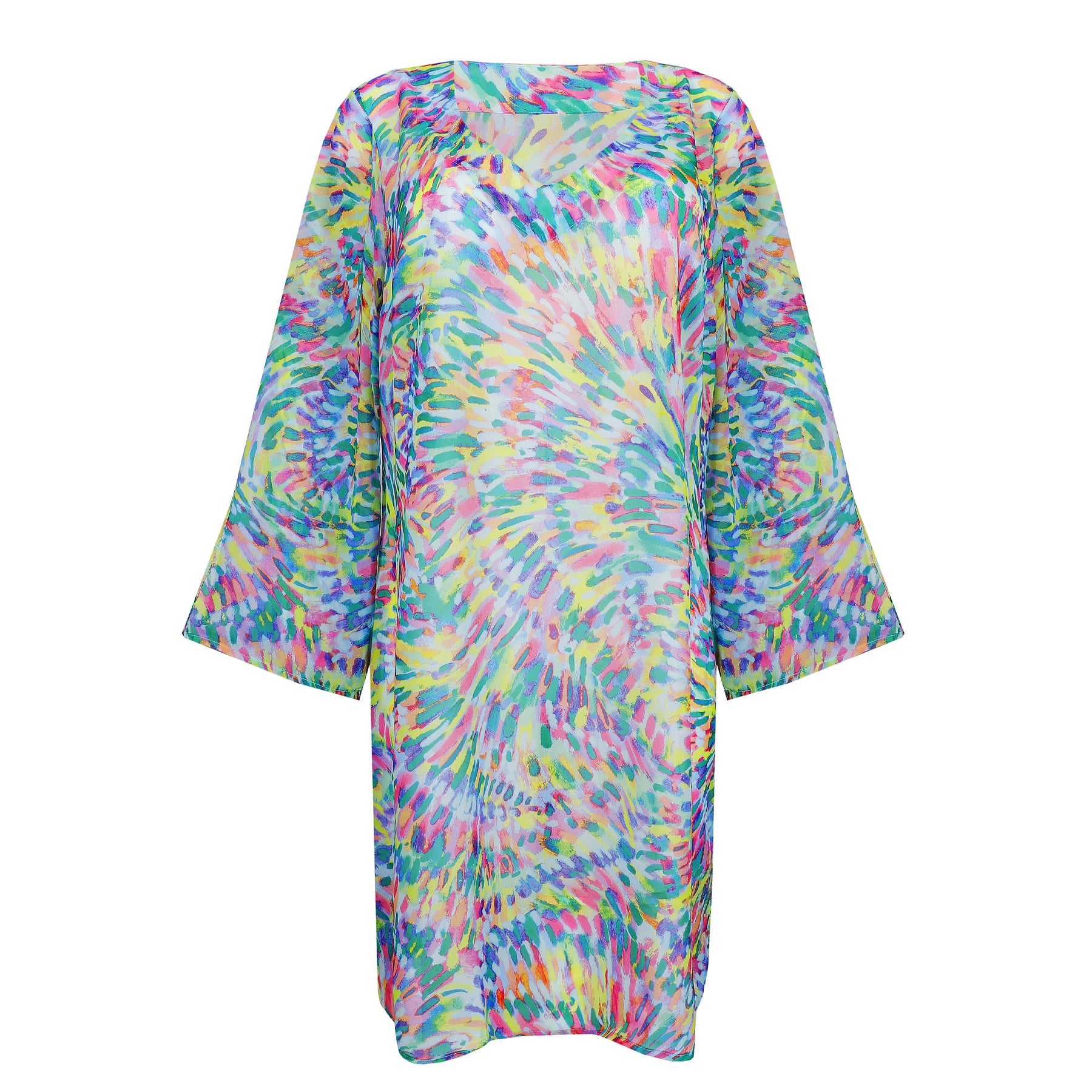 Front product image of multicolour abstract print swim cover-up dress with long bell sleeves – style 401-4084.