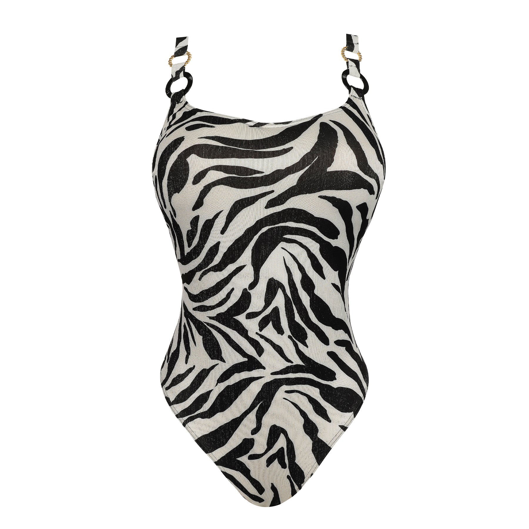 Zebra print one-piece swimsuit with scoop neckline and ring strap details