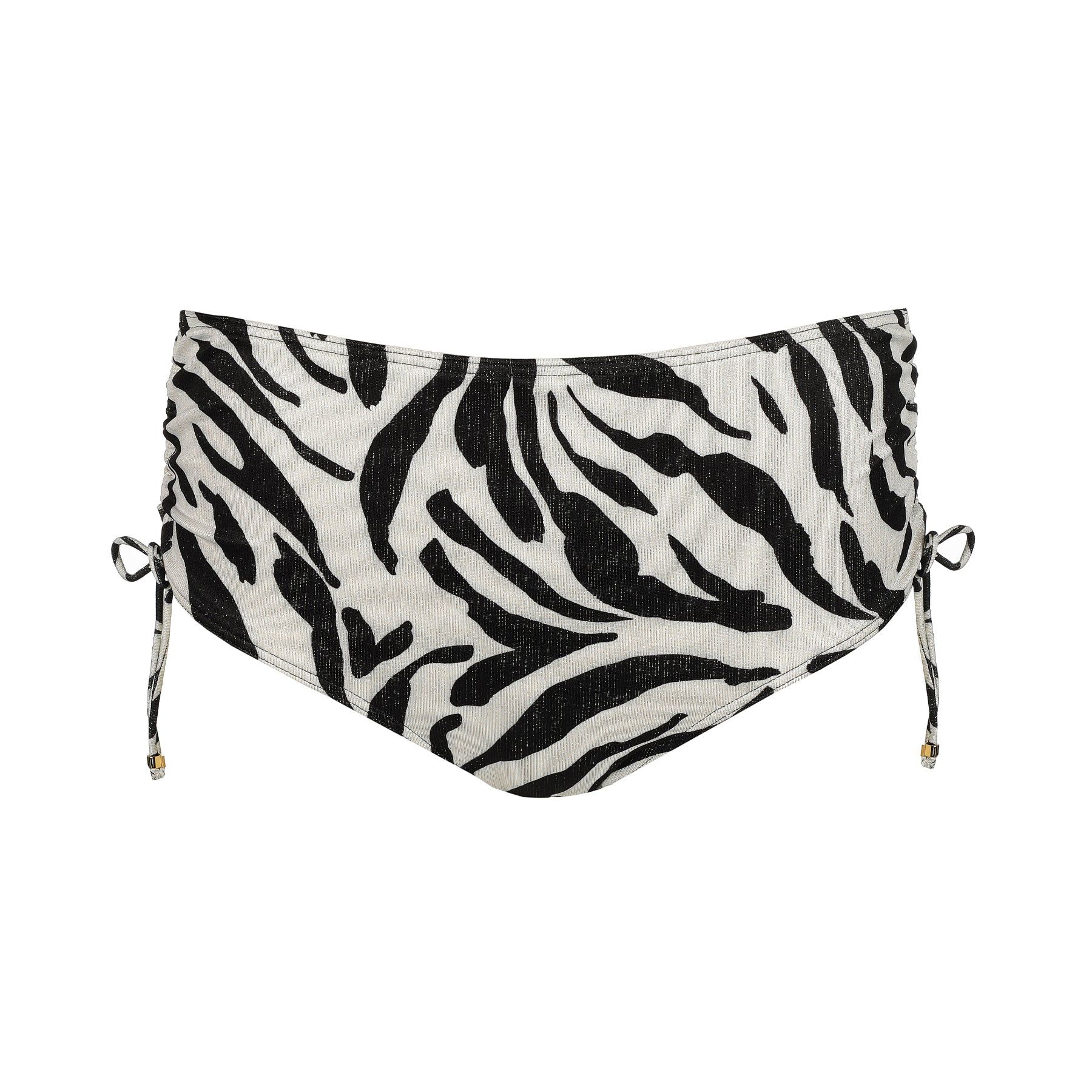 Zebra print bikini brief with adjustable side drawstring ties
