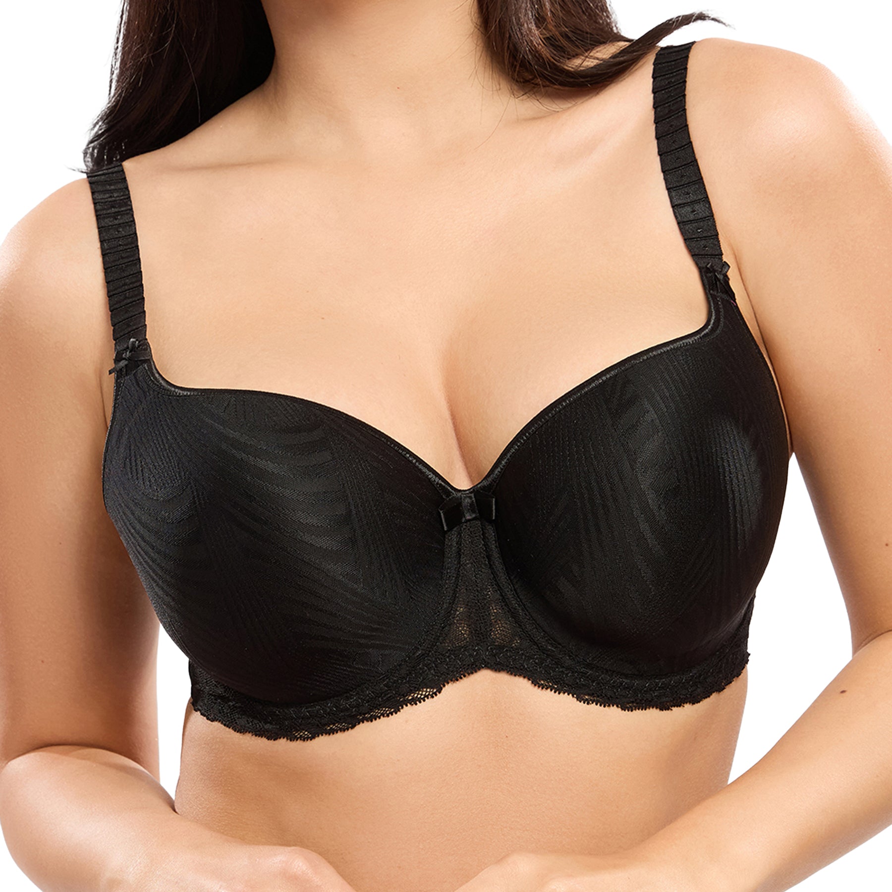 Close-up of a black seamless full cup bra featuring molded underwire cups, elegant textured fabric, smooth invisible finish, and a center bow detail.
