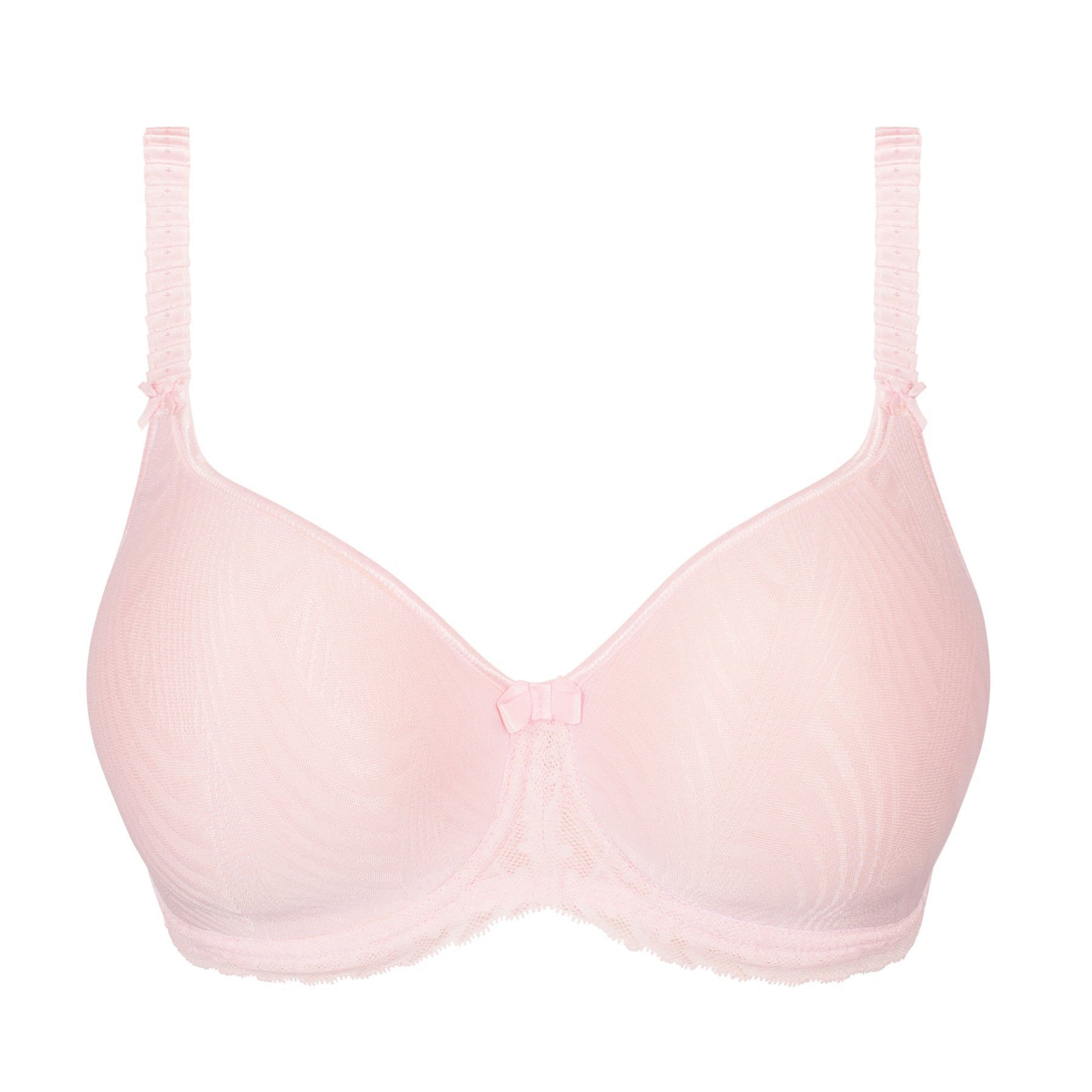 Front view of blush pink molded underwire bra with smooth cups, subtle swirl texture, and lace trim.