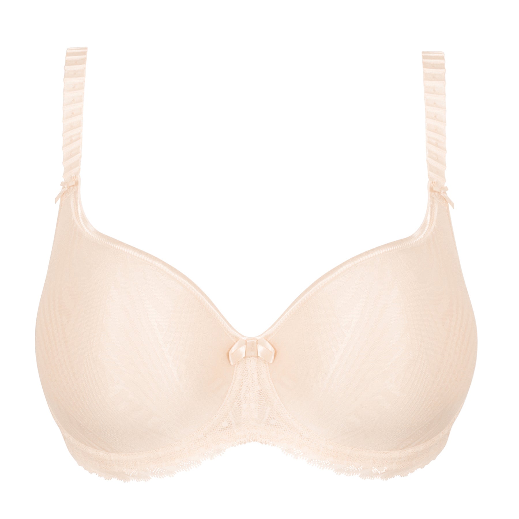 Nacre seamless full cup underwire T-shirt bra with molded cups, subtle textured fabric, smooth silhouette, adjustable straps, lace trim underband, and center bow detail.