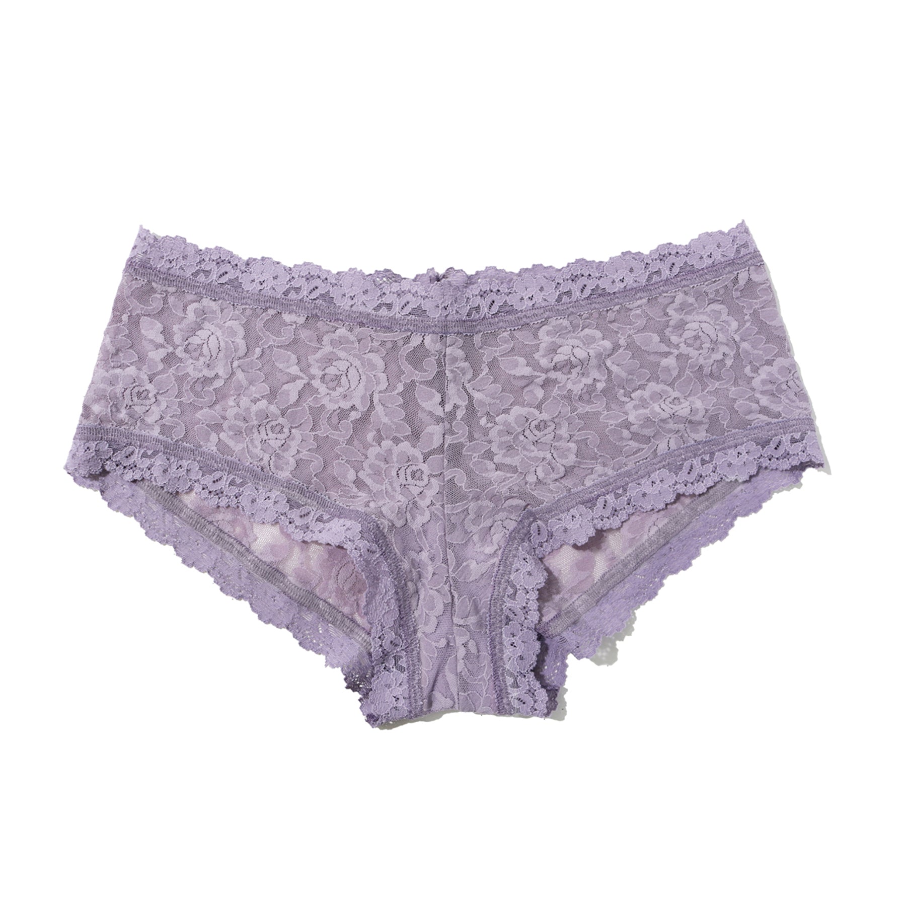 Light lavender lace hipster brief laid flat, featuring all-over floral lace, scalloped trim, and soft stretch waistband