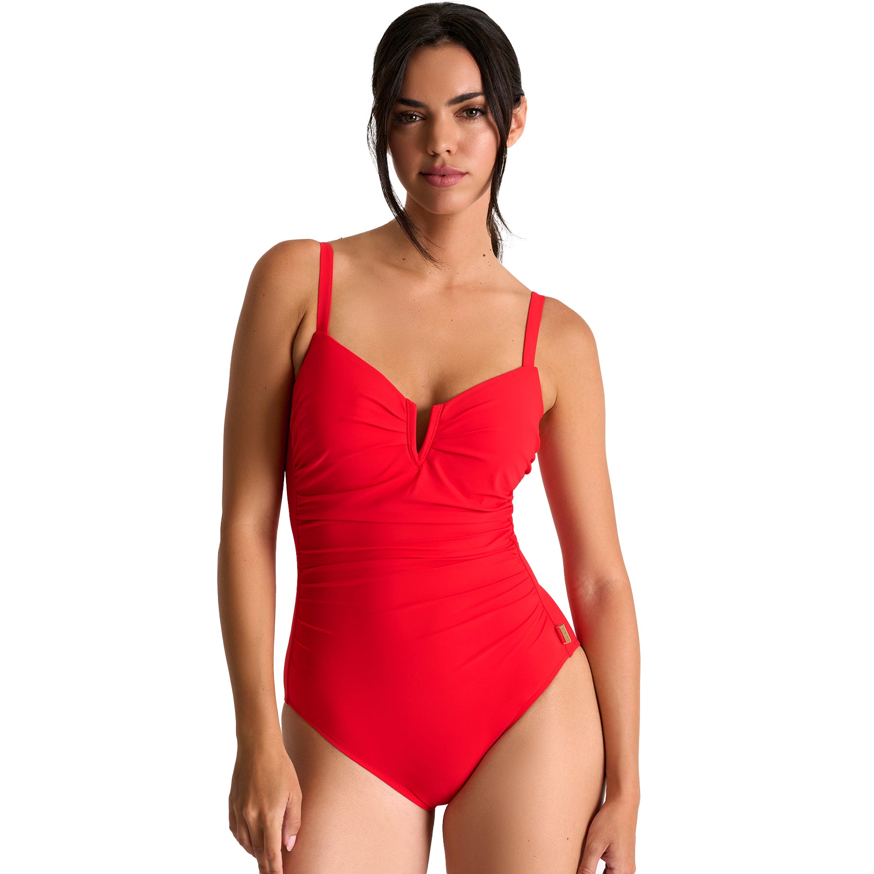 Model wearing a red one-piece swimsuit with a V-notch neckline, ruched detailing, and adjustable straps.