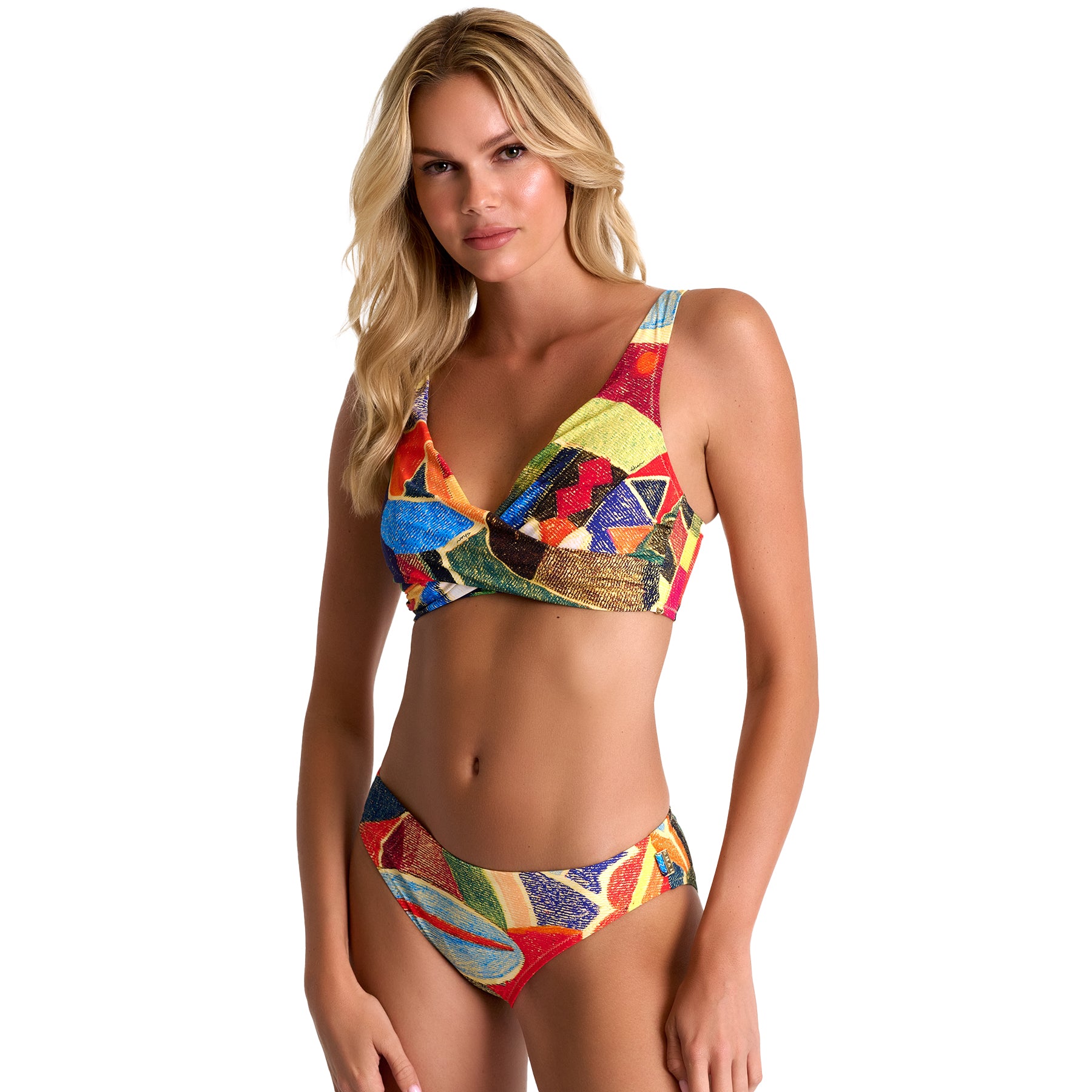 Woman wearing a colorful bikini set on a white background
