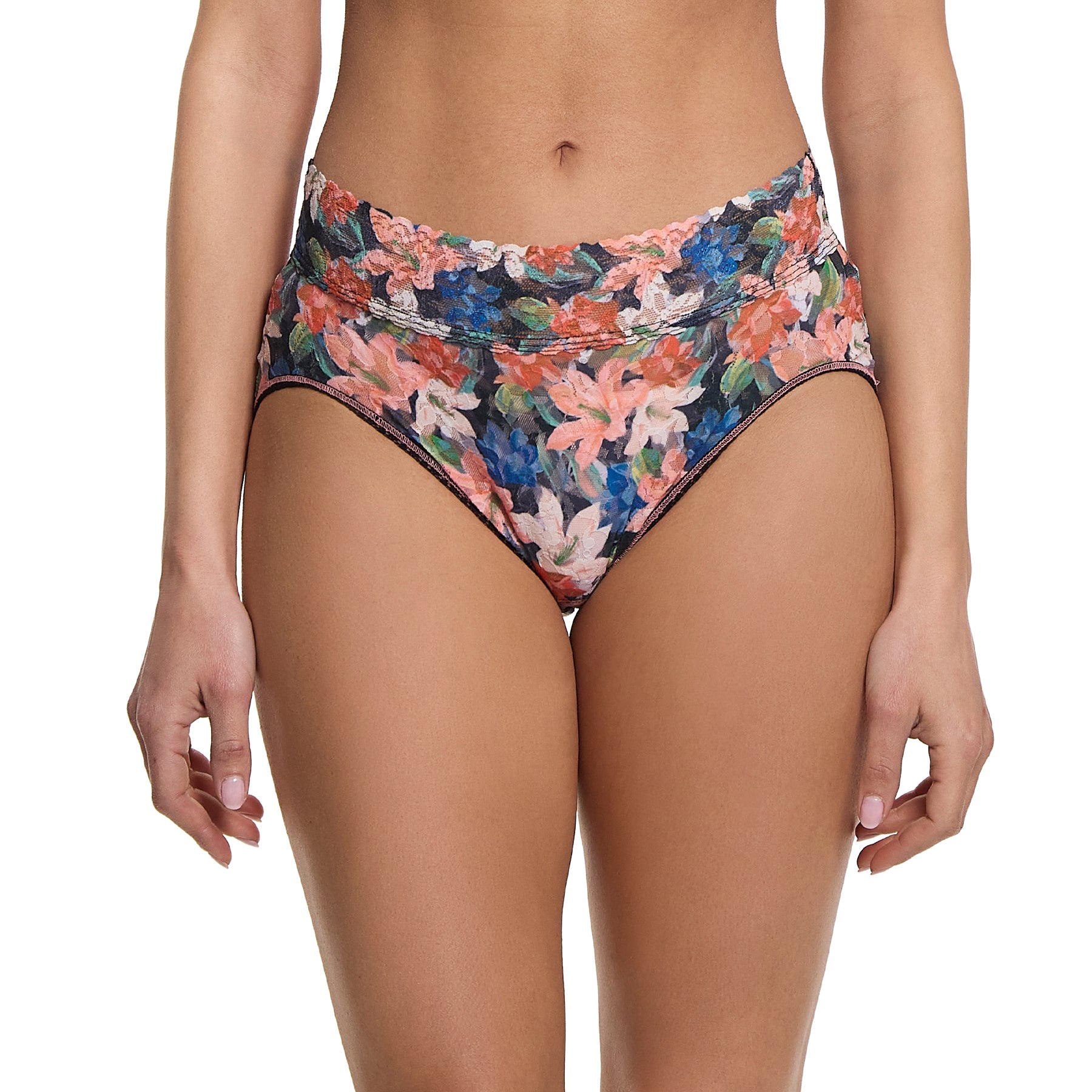 hanky panky printed lace high waist french brief in multi floral wonderous on model front view