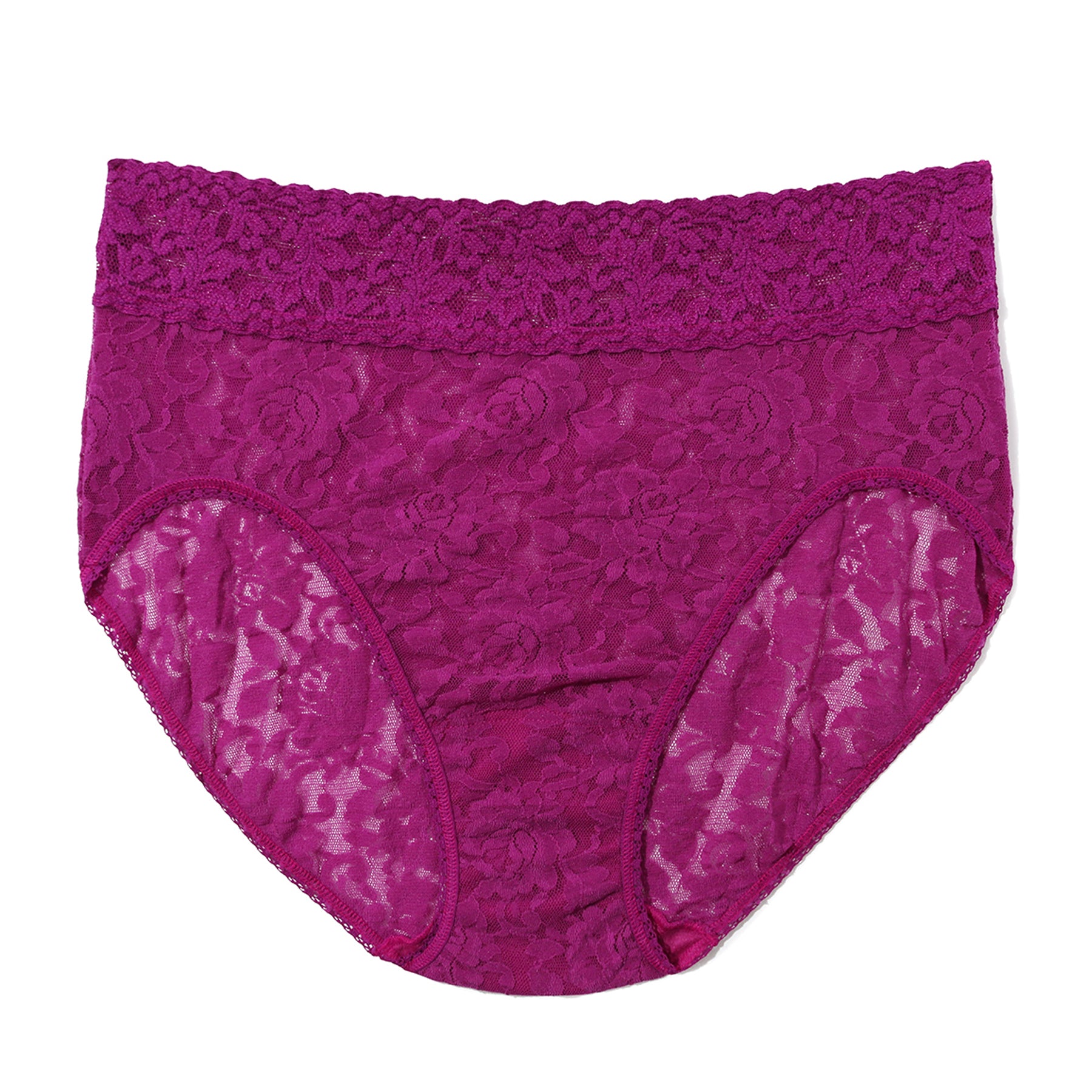 Flat lay of the Hanky Panky Signature Lace High Rise Brief in Boysenberry with all-over floral lace, high-rise silhouette, and soft stretch construction.
