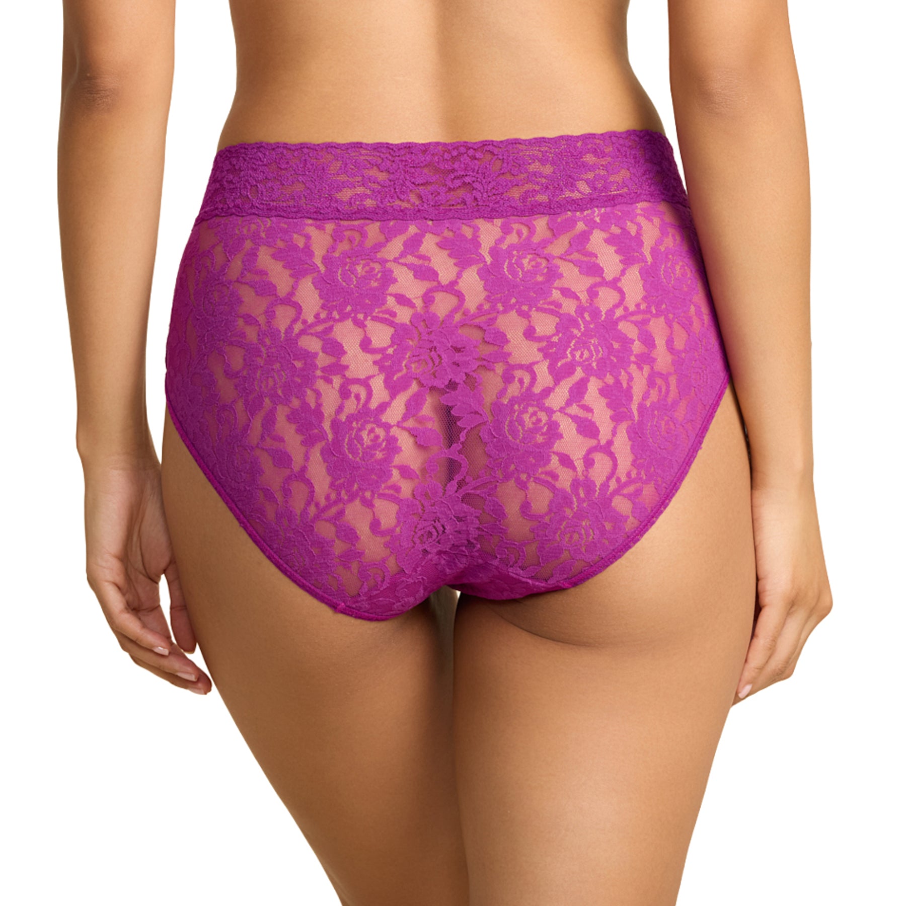 Back view of Hanky Panky Signature Lace High Rise Brief in Boysenberry showcasing sheer floral lace, full rear coverage, and a wide stretch lace waistband.