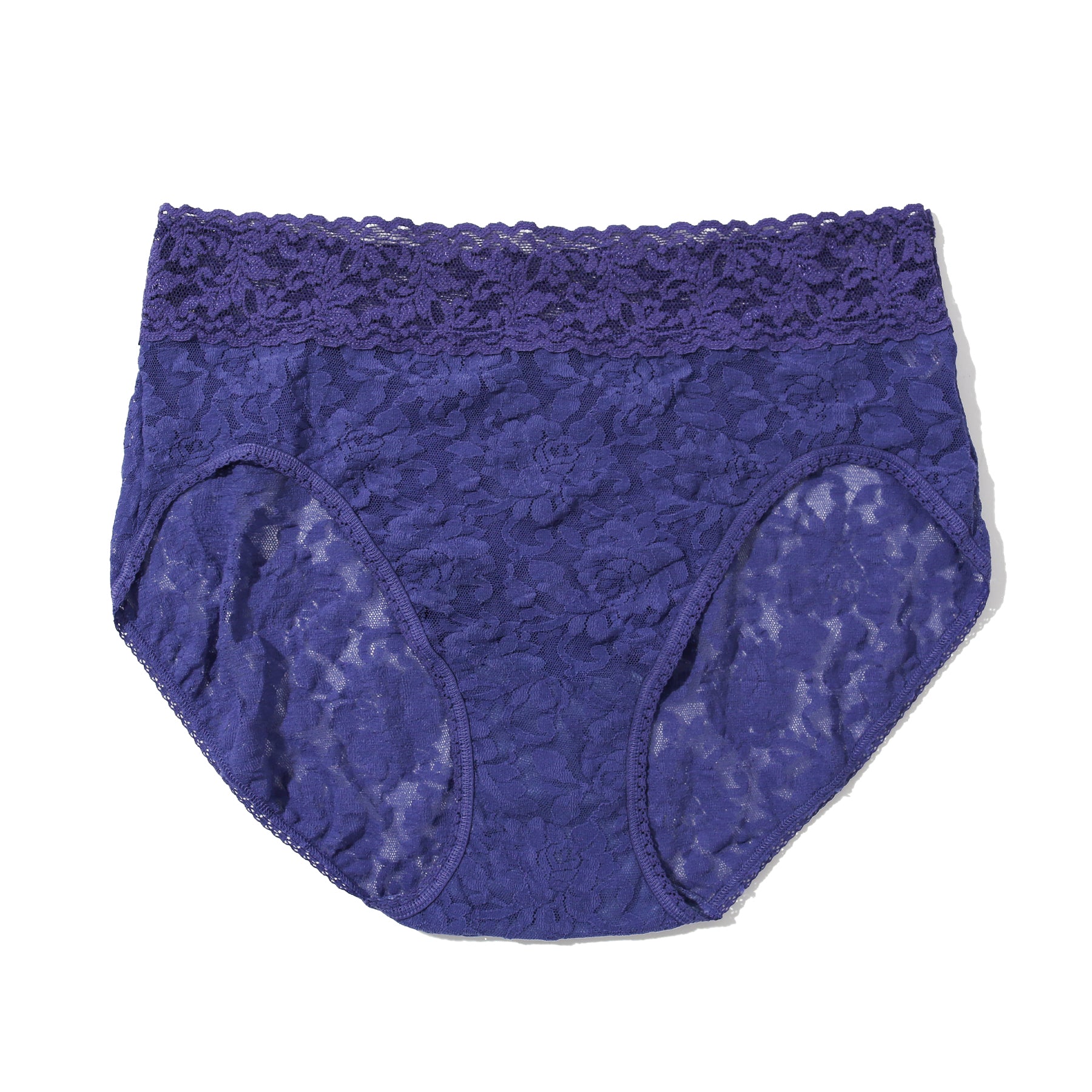 Flat lay of high-waist lace brief in deep purple with scalloped waistband.