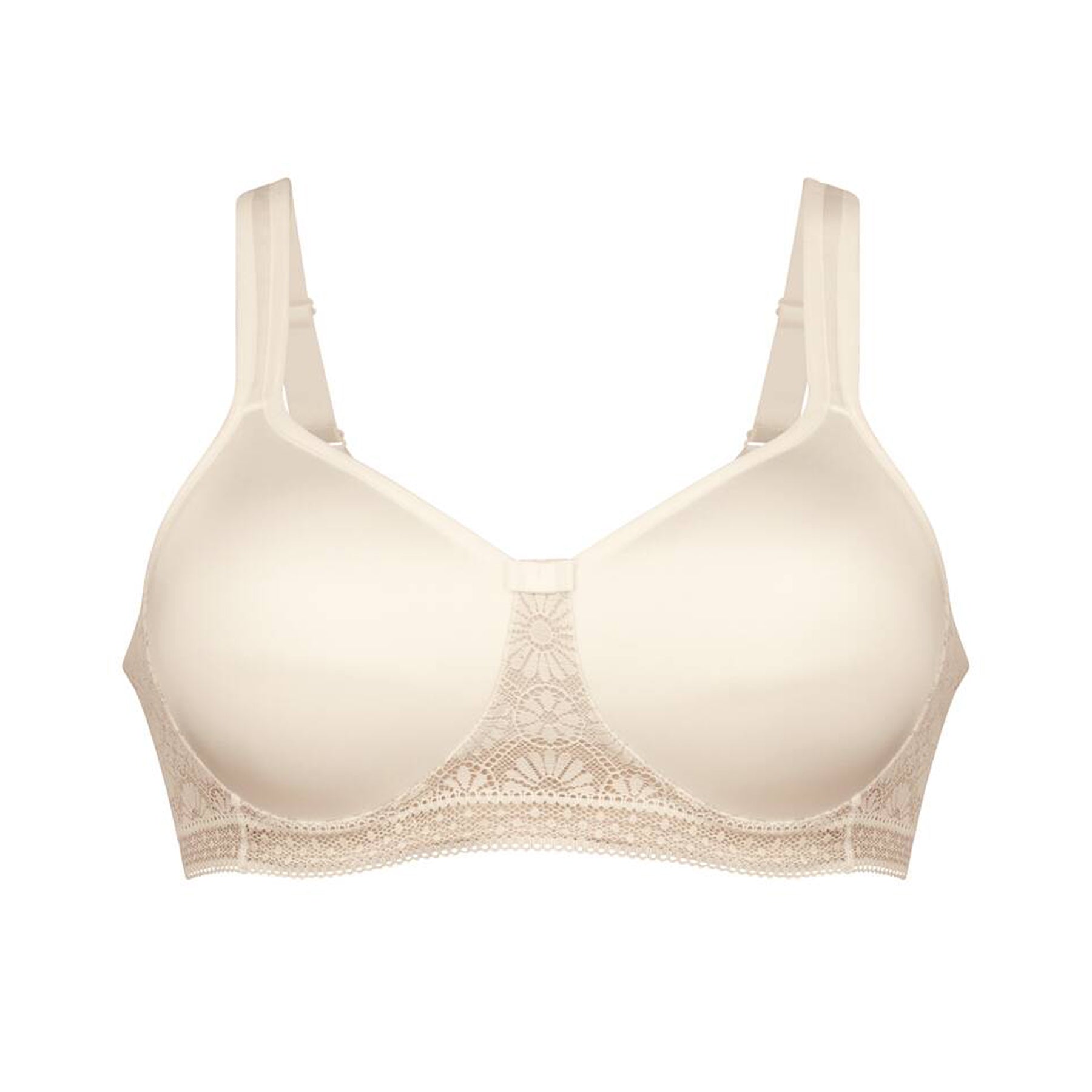 Front flat lay of ivory full coverage bra with smooth cups and delicate lace underband