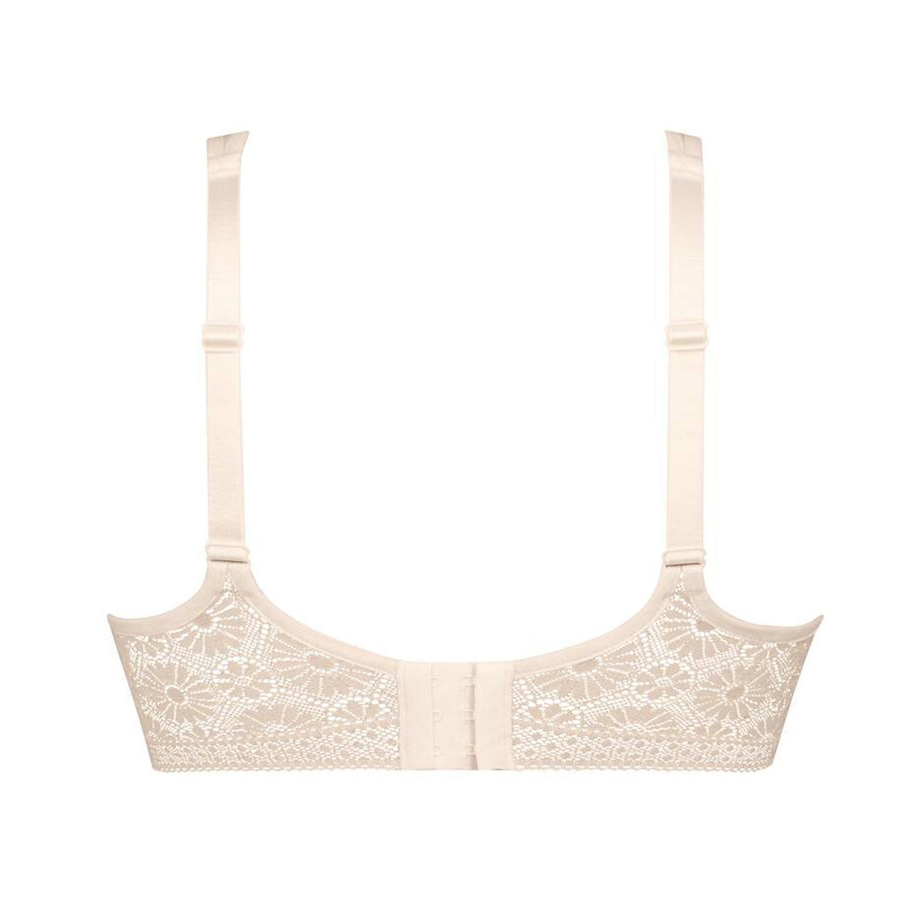 Back flat lay of ivory bra featuring floral lace band and hook-and-eye closure