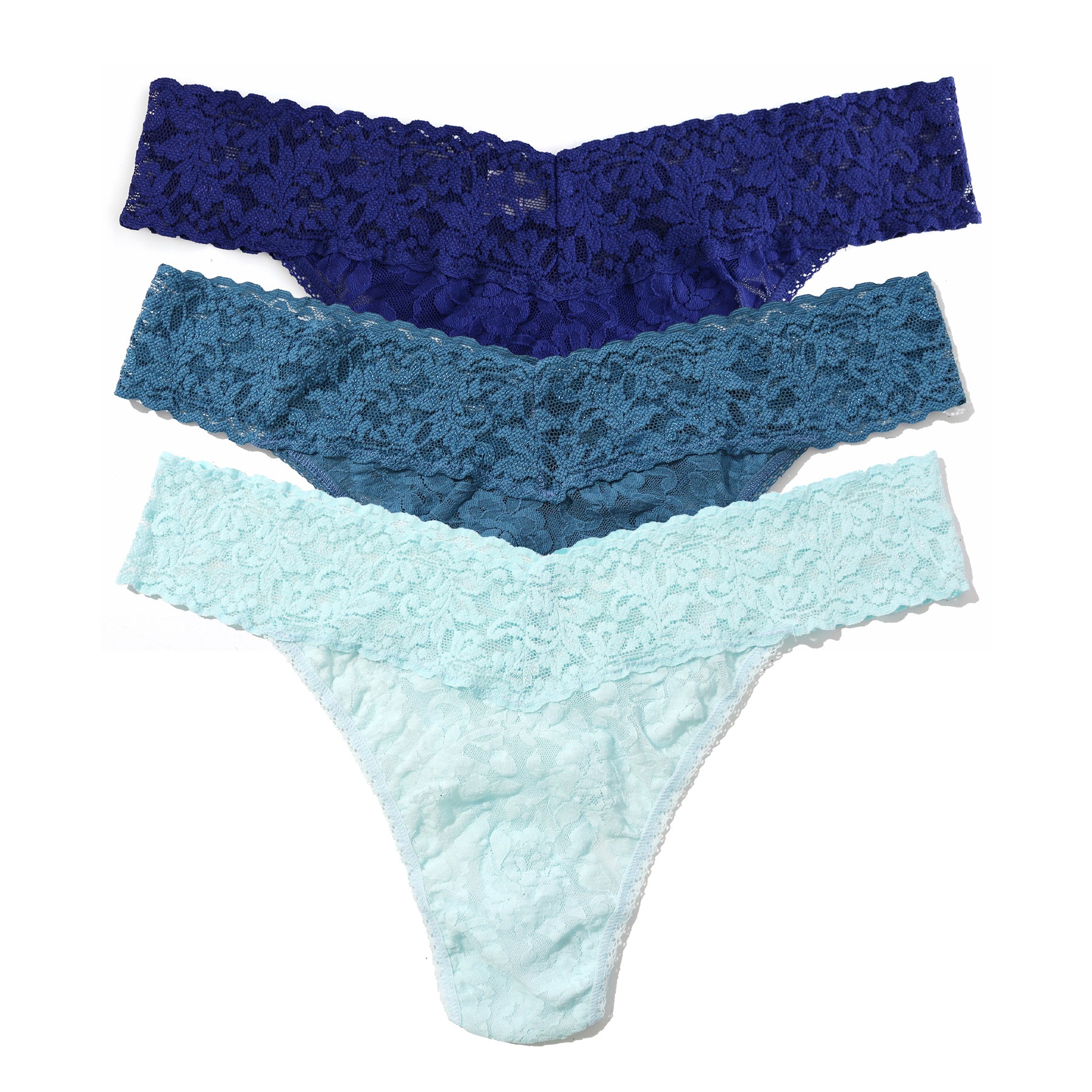 Three pairs of lace underwear in blue, light blue, and dark blue on a white background.
