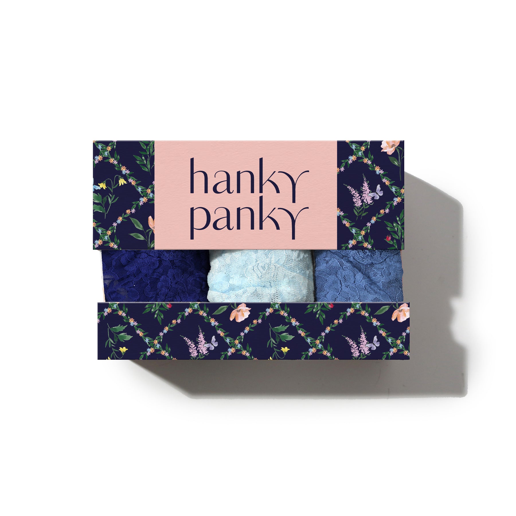 Hanky Panky underwear set packaging with floral design on a white background