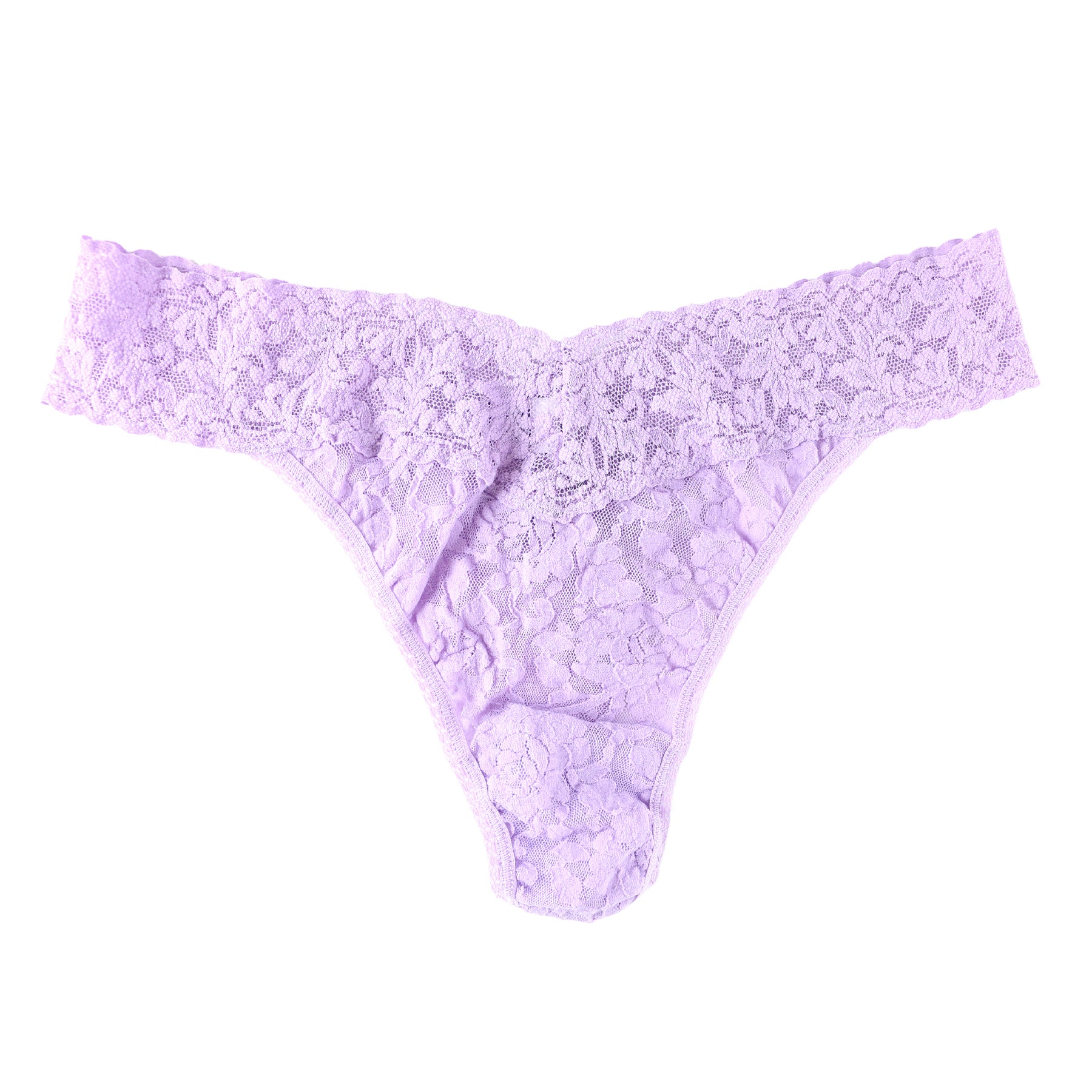 Cool lavender floral lace thong with a wide scalloped lace waistband, shown flat against a white background.