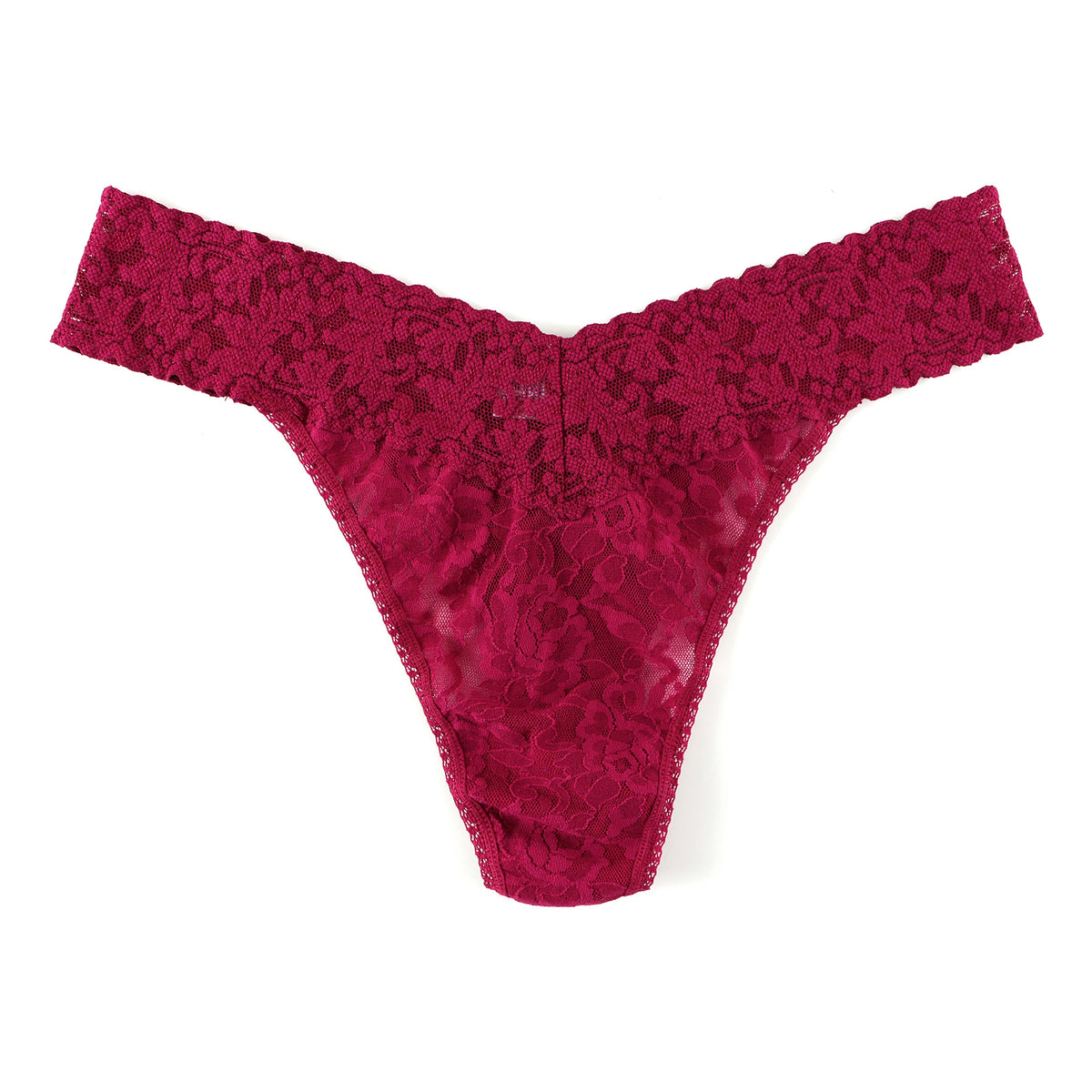 Dark pomegranate floral lace thong with a wide scalloped lace waistband, shown flat against a white background.