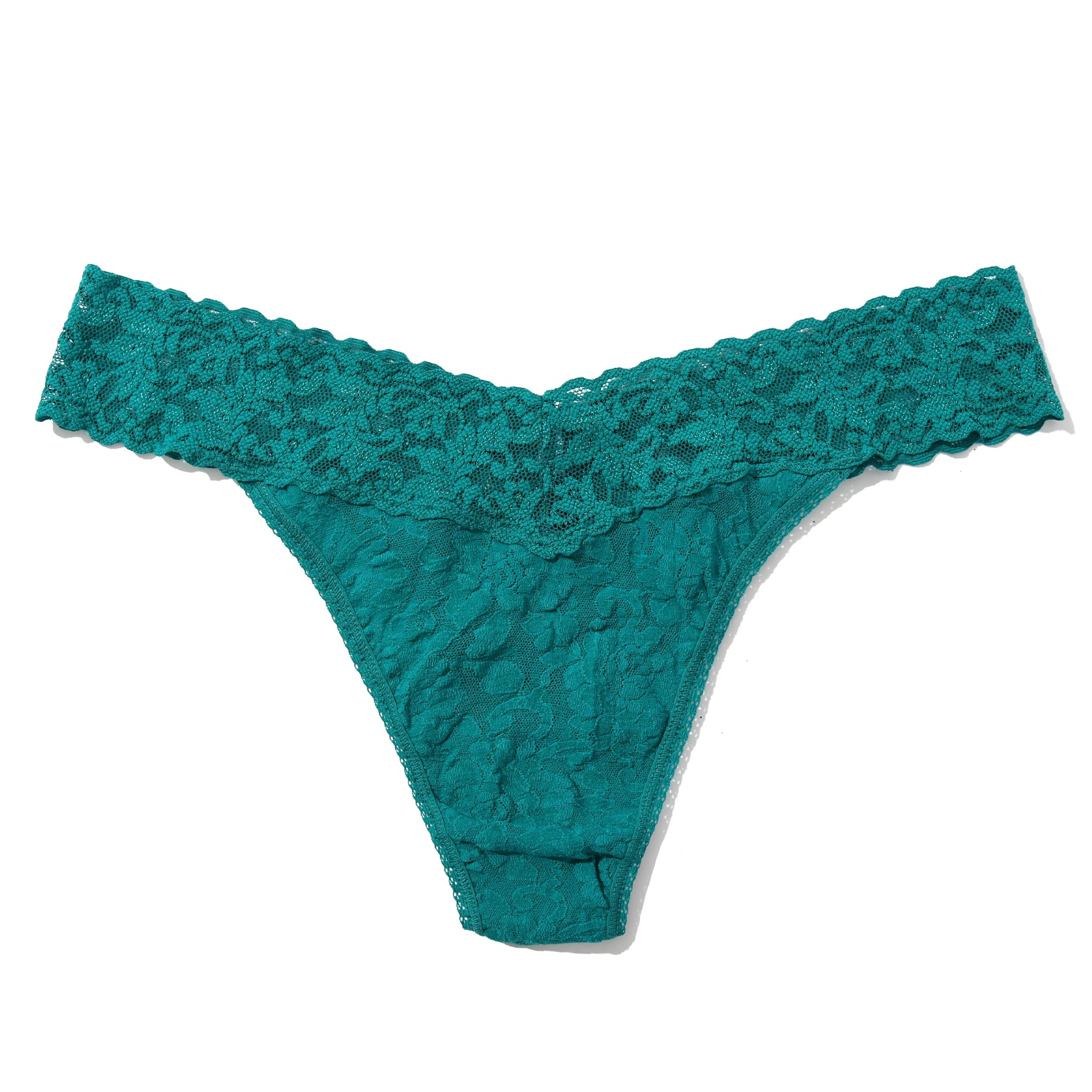Hanky Panky 4811 Signature Lace Original Rise Thong in Dark Teal, displayed flat to highlight the floral lace pattern and signature wide lace waistband.