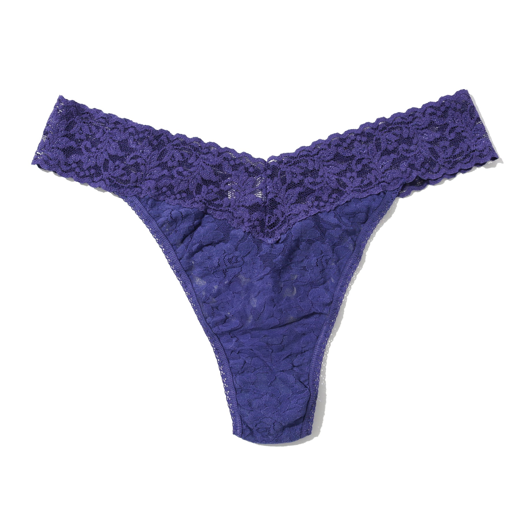 Deep purple lace thong with wide floral lace waistband and sheer lace front.