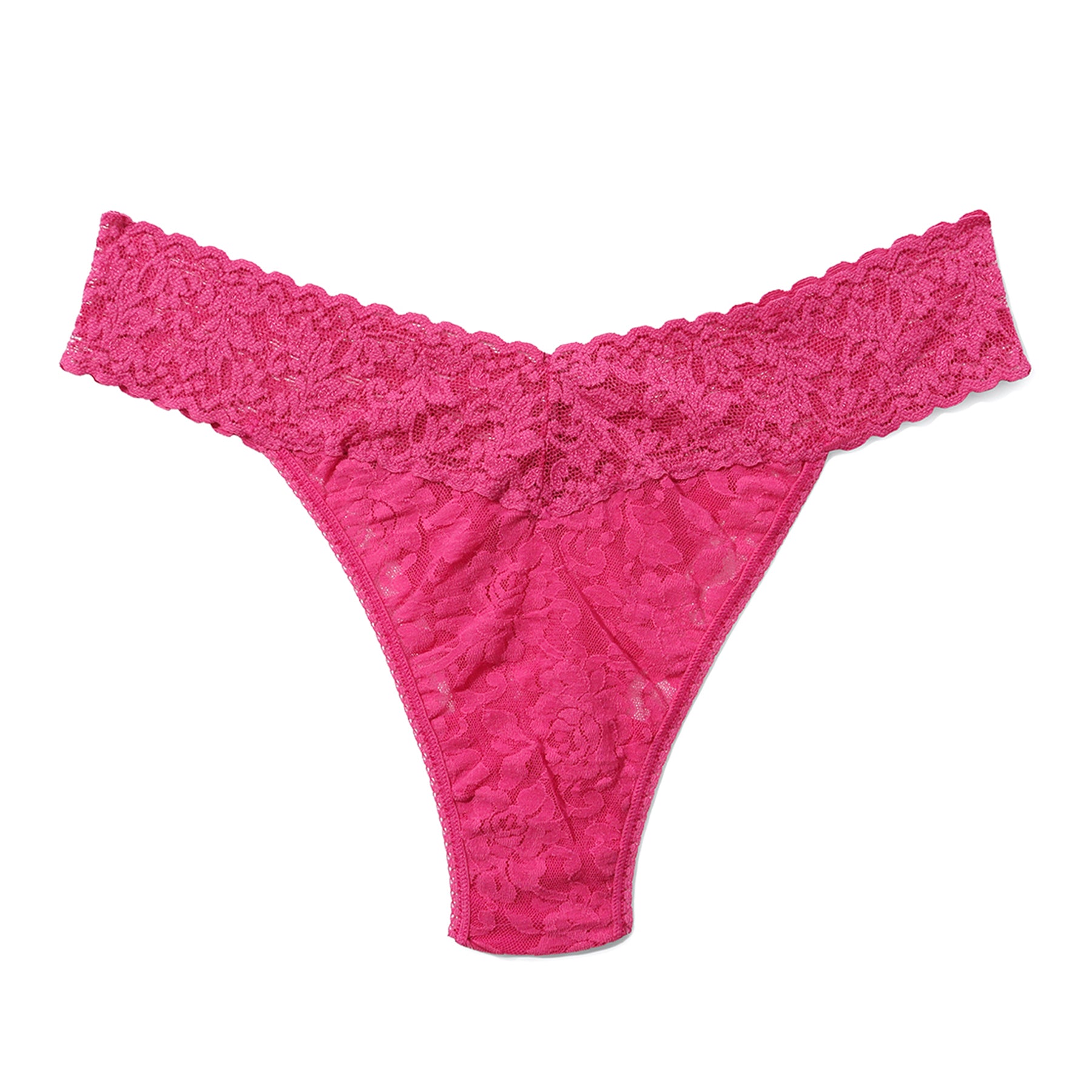 Dragonfruit pink lace thong styled with a white tee for playful everyday lingerie styling