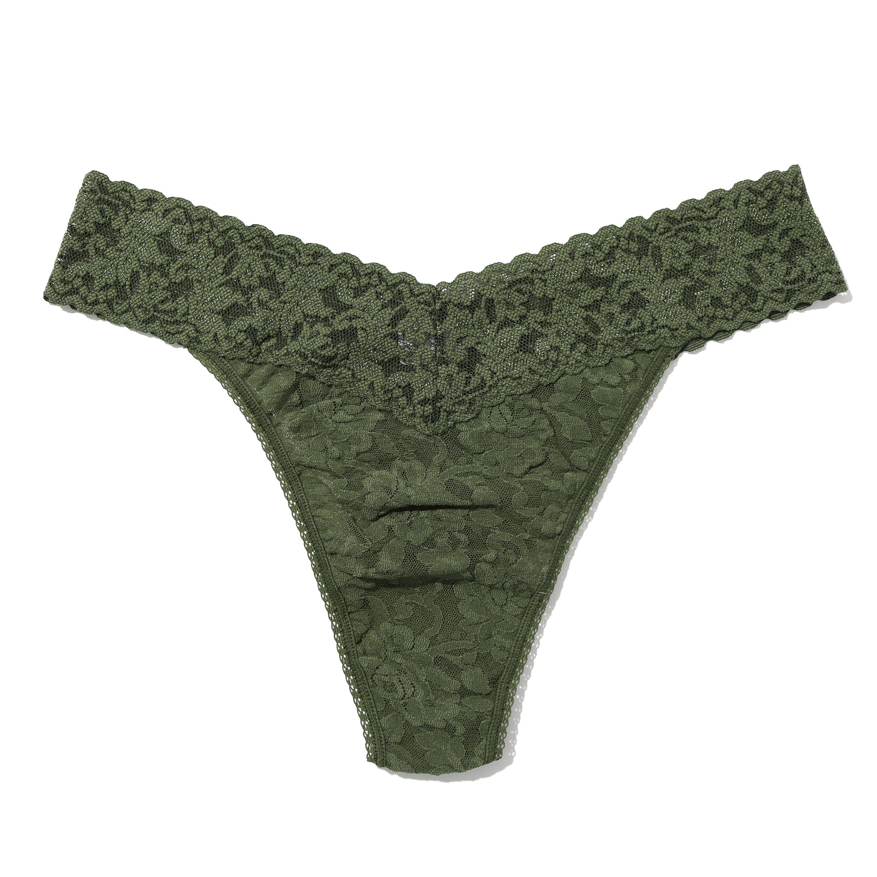 Deep green lace thong with wide floral lace waistband and sheer lace body.