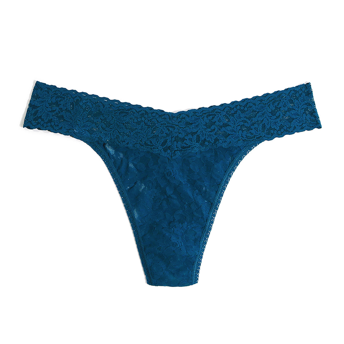 Front flat lay of the Hanky Panky Signature Lace Original Rise Thong in Hot Teal, featuring a wide floral lace waistband, delicate sheer lace fabric, and classic thong silhouette on a white background.