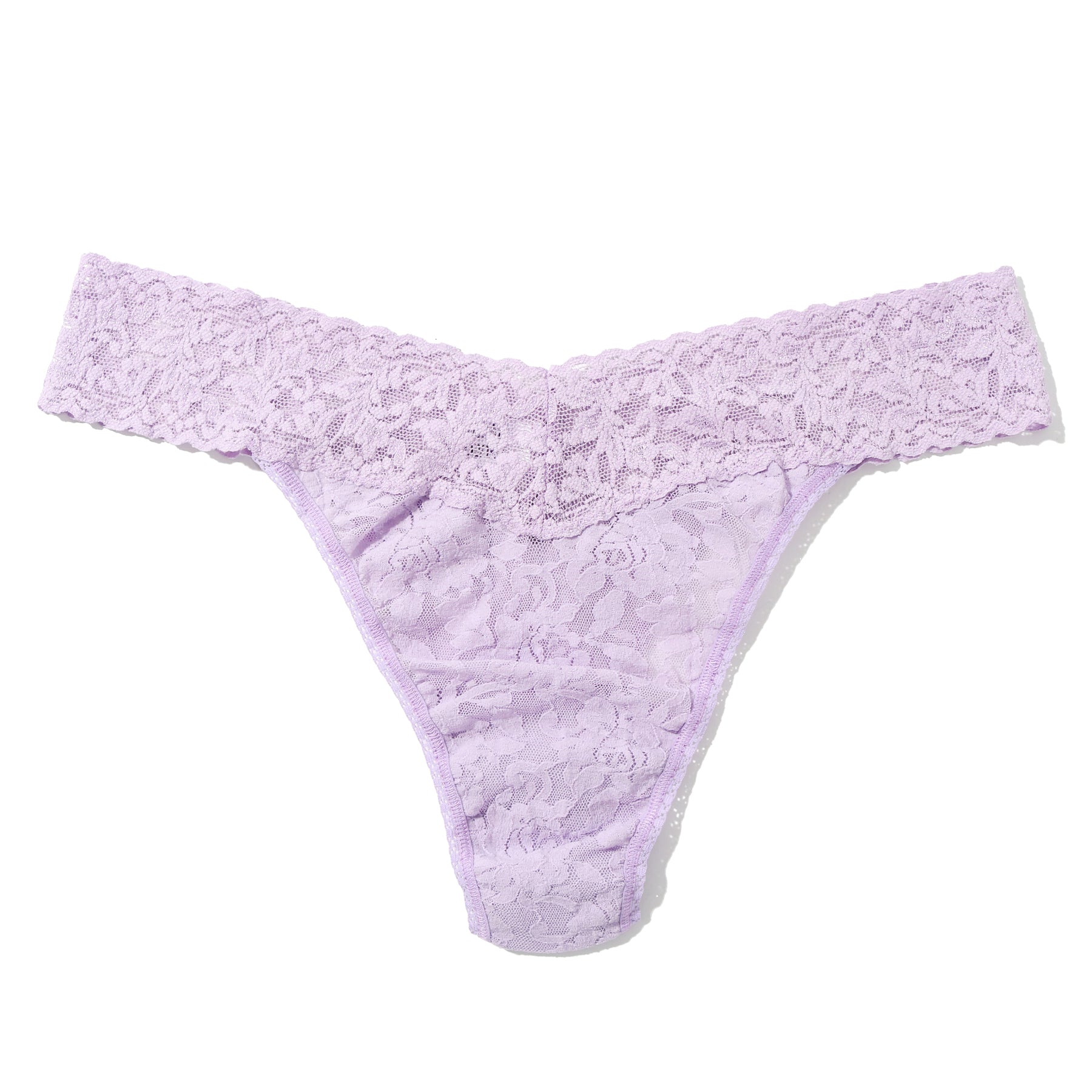 Lavender lace thong with wide floral waistband, displayed flat on white background.