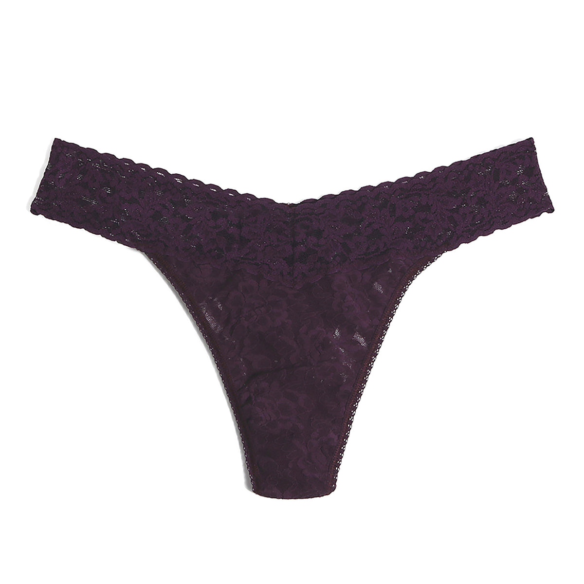Hanky Panky Regular Rise Thong in Plum featuring signature stretch floral lace and a flattering V-shaped waistband.
