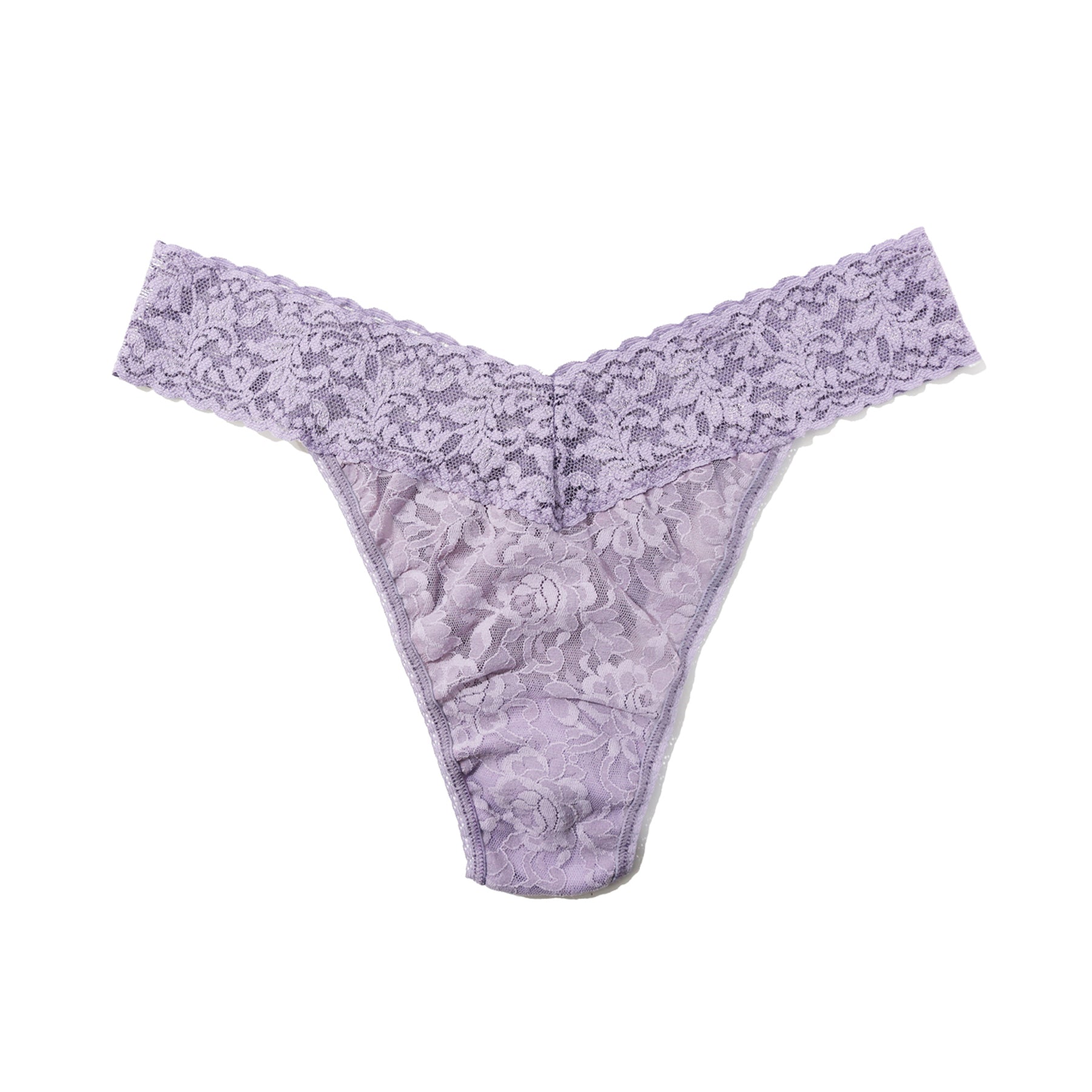 Light lavender lace thong laid flat, featuring wide floral lace waistband and sheer lace front panel