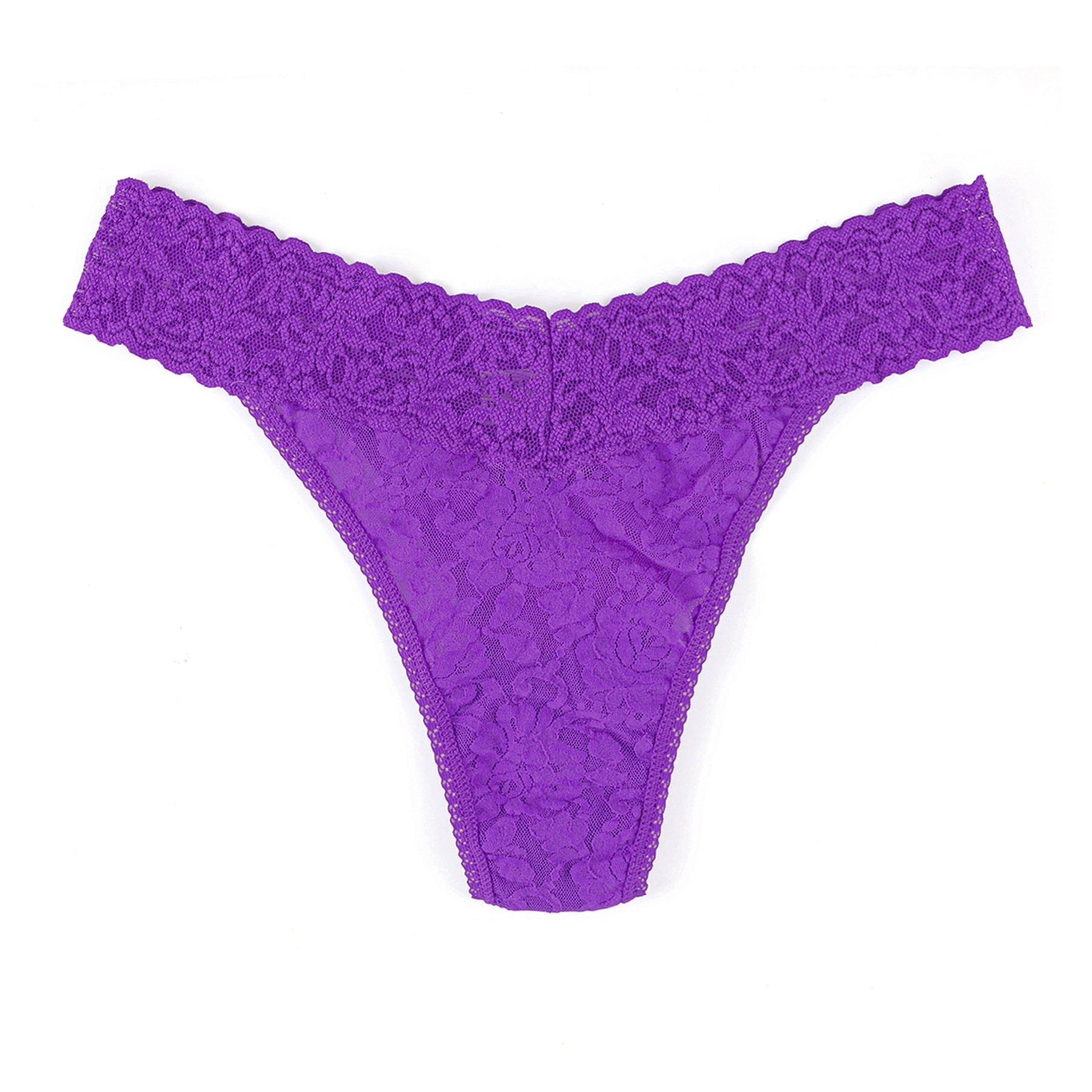Hanky Panky Signature Lace Original Rise Thong in Vivacious Violet, featuring soft floral stretch lace, a wide scalloped waistband, and a comfortable seamless fit in a vibrant purple hue.
