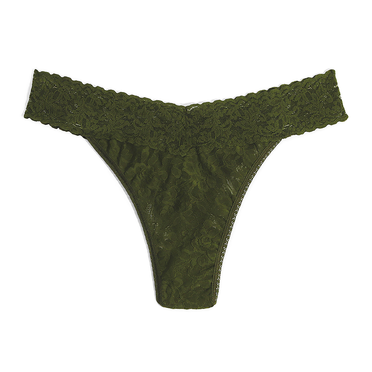 Hanky Panky Regular Rise Thong in Woodland Green stretch floral lace, front view.