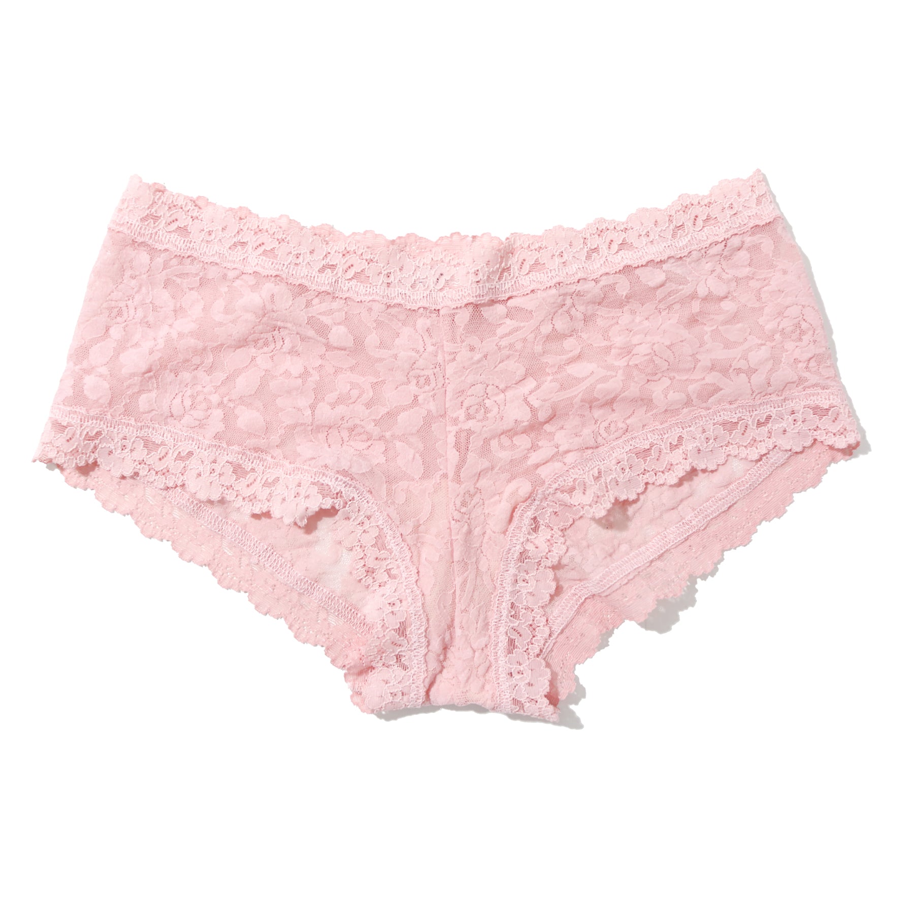 Light pink lace boyshort panties with floral pattern, displayed flat on white background.