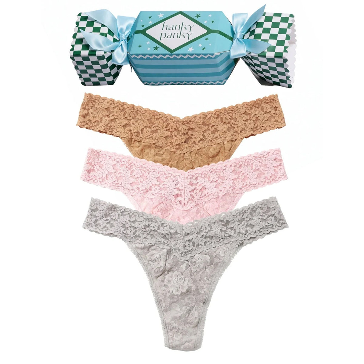 Hanky Panky Signature Lace Original Rise Thong three-pack in Suntan, Rose, and Grey, featuring floral lace and scalloped waistbands, displayed with a festive blue holiday cracker gift box.
