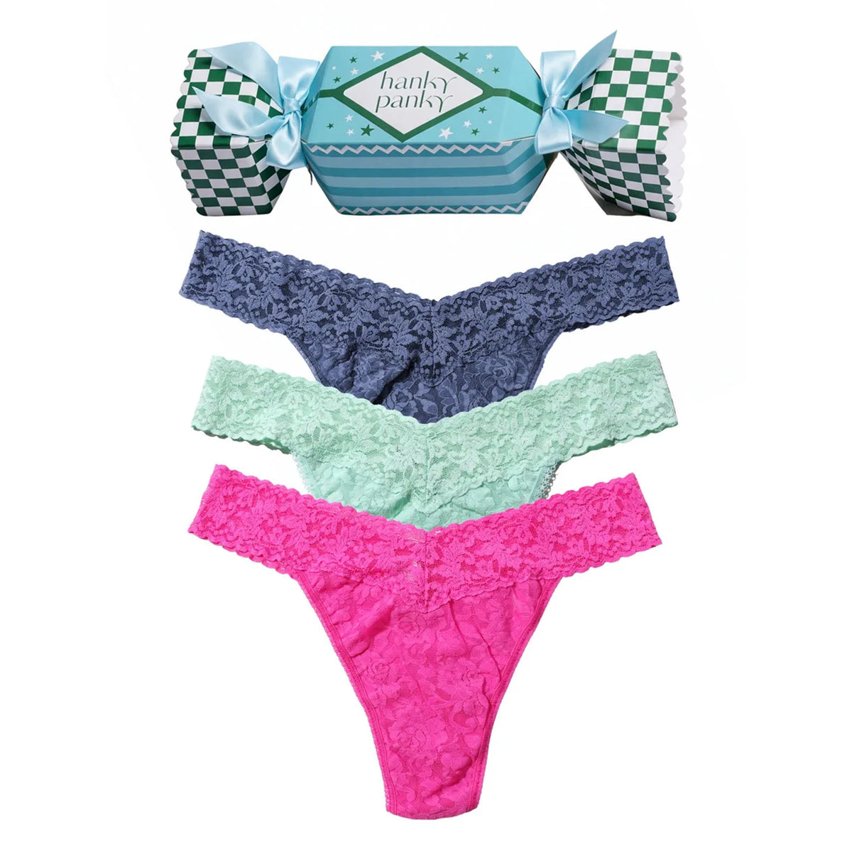 Hanky Panky Regular Rise Thong 3-Pack in deep blue, seafoam green, and bright pink lace, with festive cracker gift packaging.