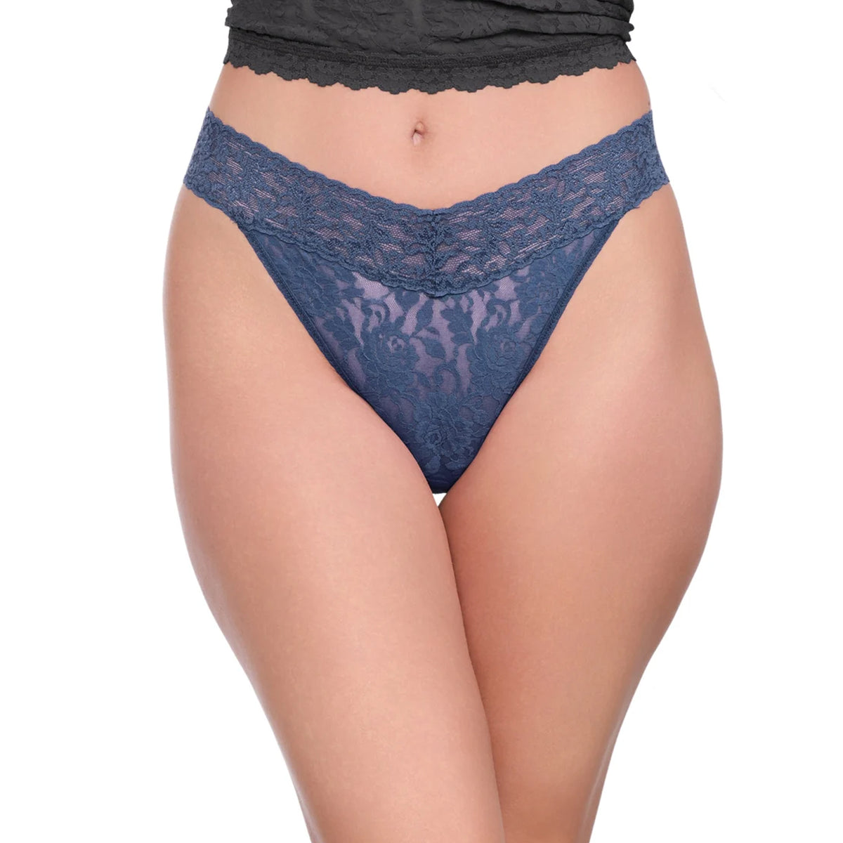 Front view of Hanky Panky Regular Rise Thong in deep blue floral lace with a scalloped waistband.