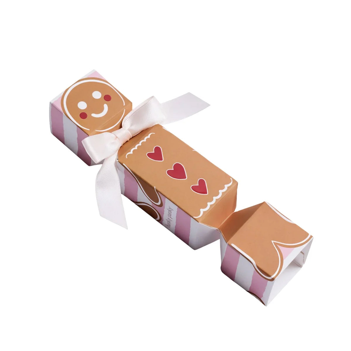Hanky Panky holiday cracker gift box featuring a gingerbread design, pink and white stripes, red hearts, and a white satin ribbon bow.