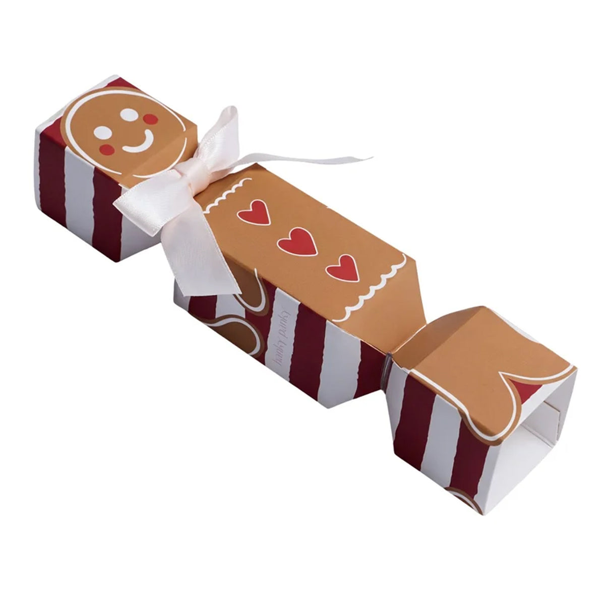 Hanky Panky holiday cracker gift box featuring a gingerbread design, red and white stripes, decorative hearts, and a white satin ribbon bow.