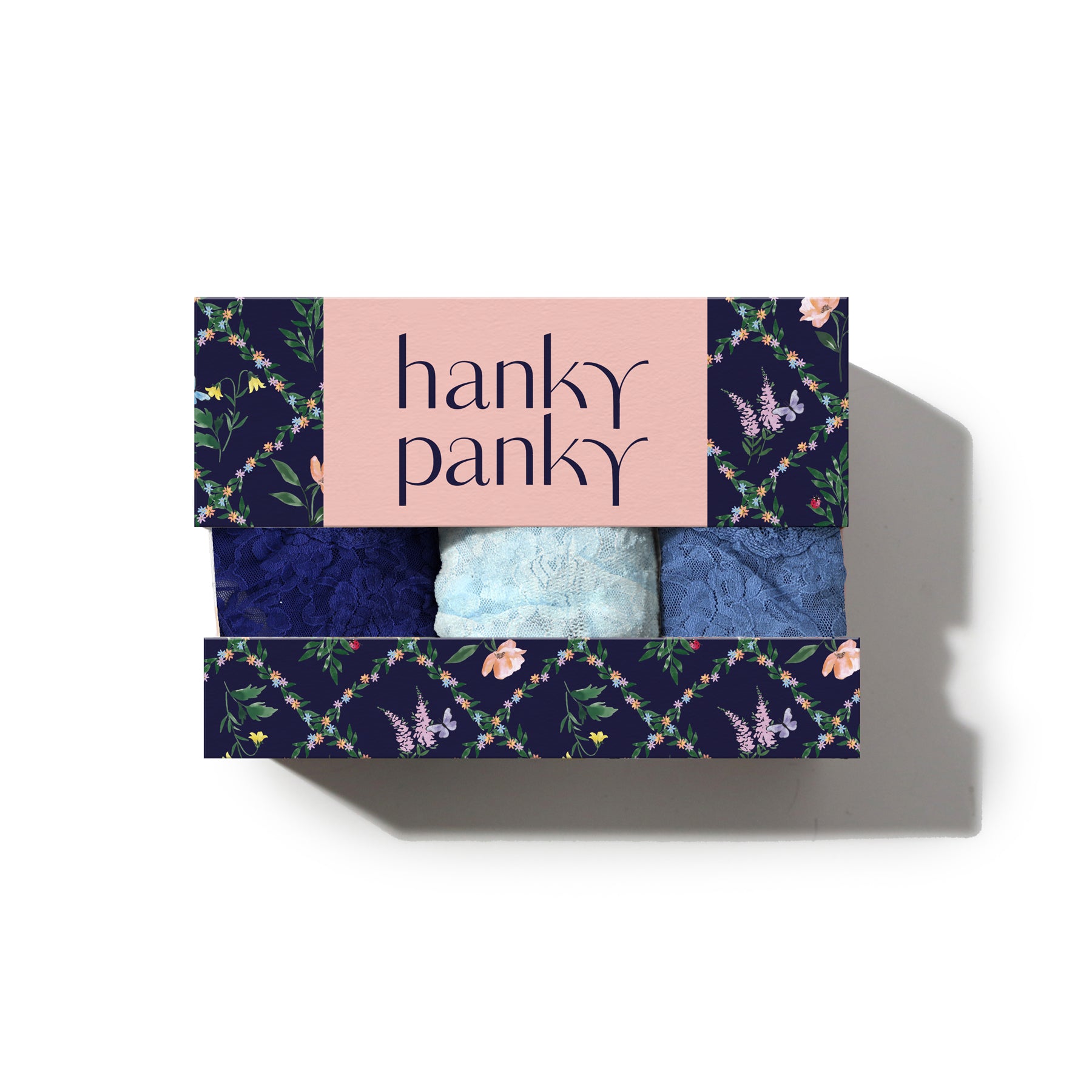 Hanky Panky underwear set packaging with floral design on a white background