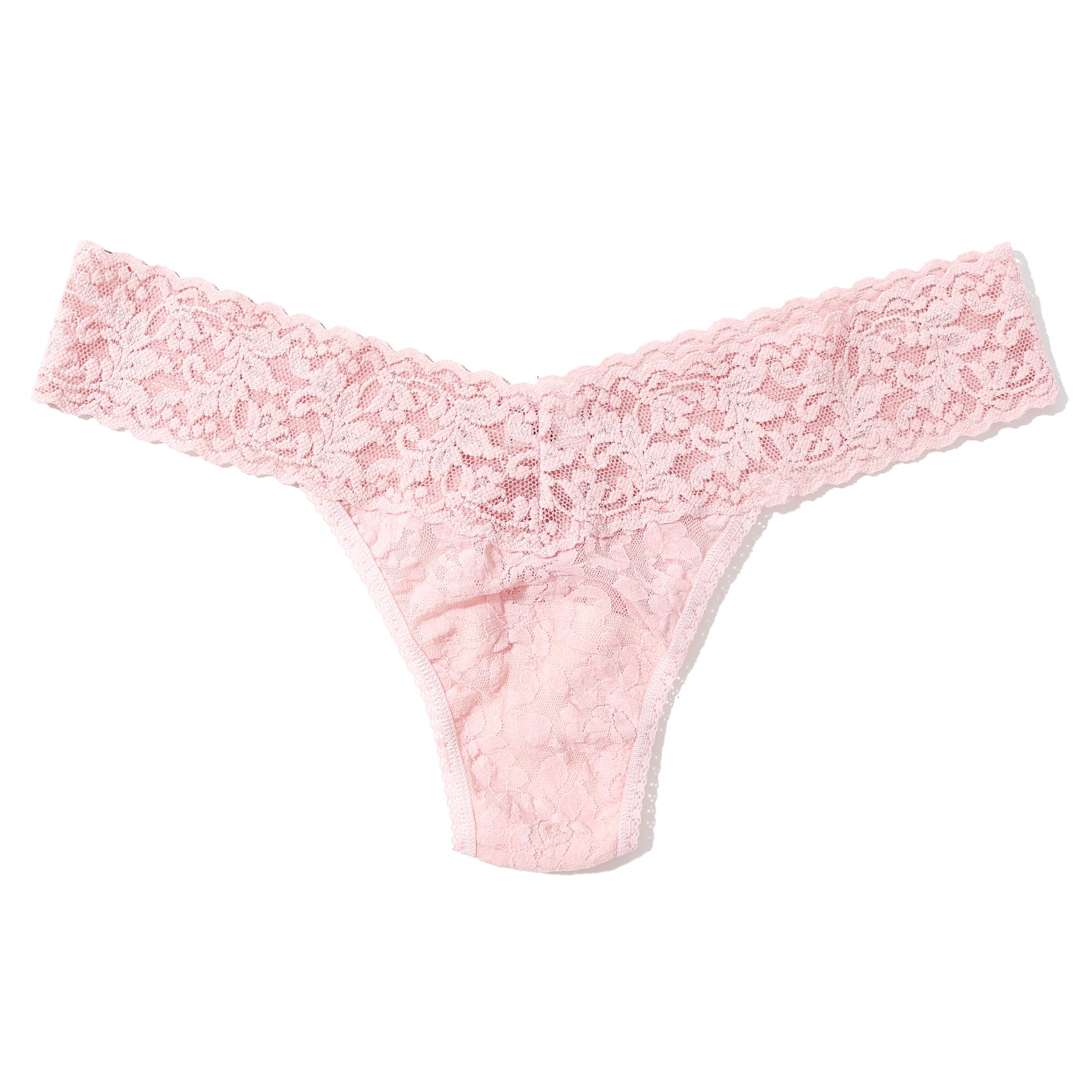 Light pink lace thong with wide floral waistband, displayed flat on white background.