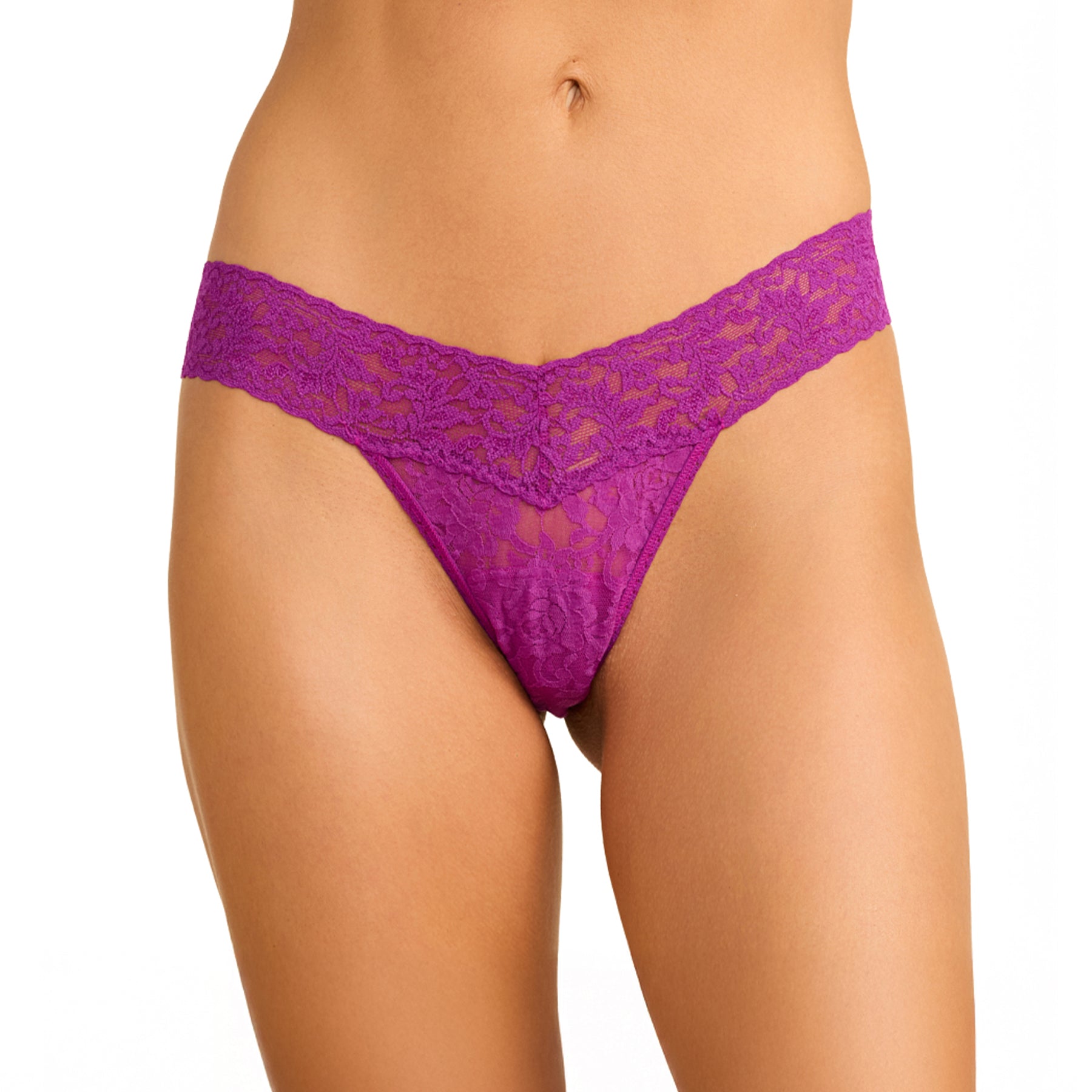 Front view of Hanky Panky Signature Lace Low Rise Thong in Boysenberry showcasing all-over floral lace, V-shaped waistband, and low-rise design.
