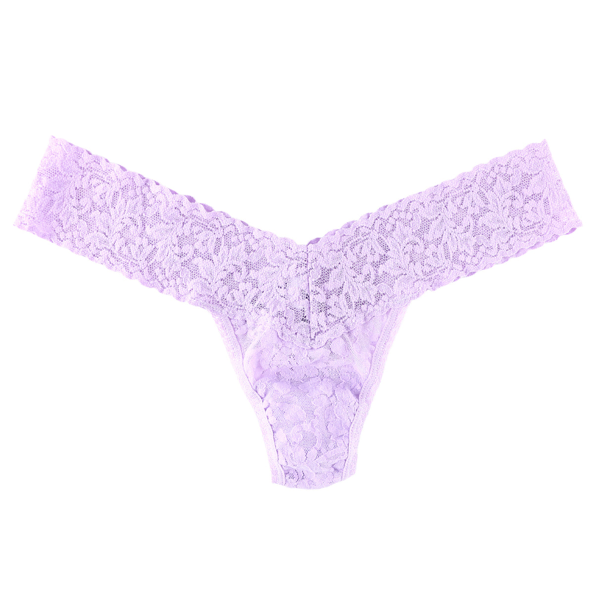 Cool lavender floral lace thong with a wide V-shaped scalloped lace waistband, shown flat against a white background.
