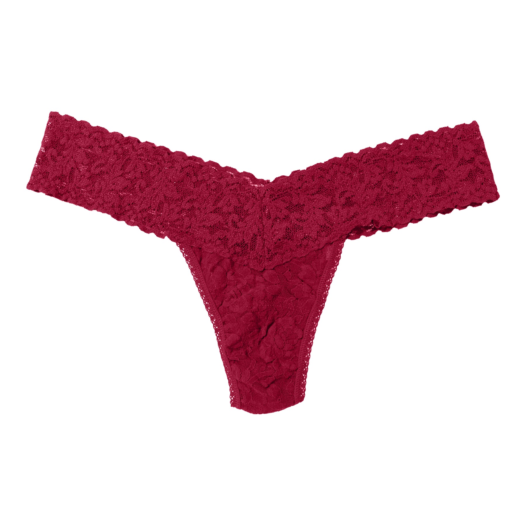 Dark pomegranate floral lace thong with a wide V-shaped scalloped lace waistband, shown flat against a white background.