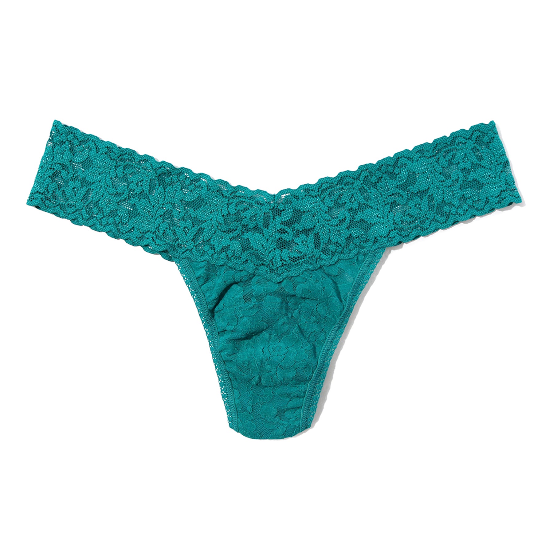 Hanky Panky 4911 Signature Lace Low Rise Thong in Dark Teal with a wide scalloped lace waistband and signature floral lace design.