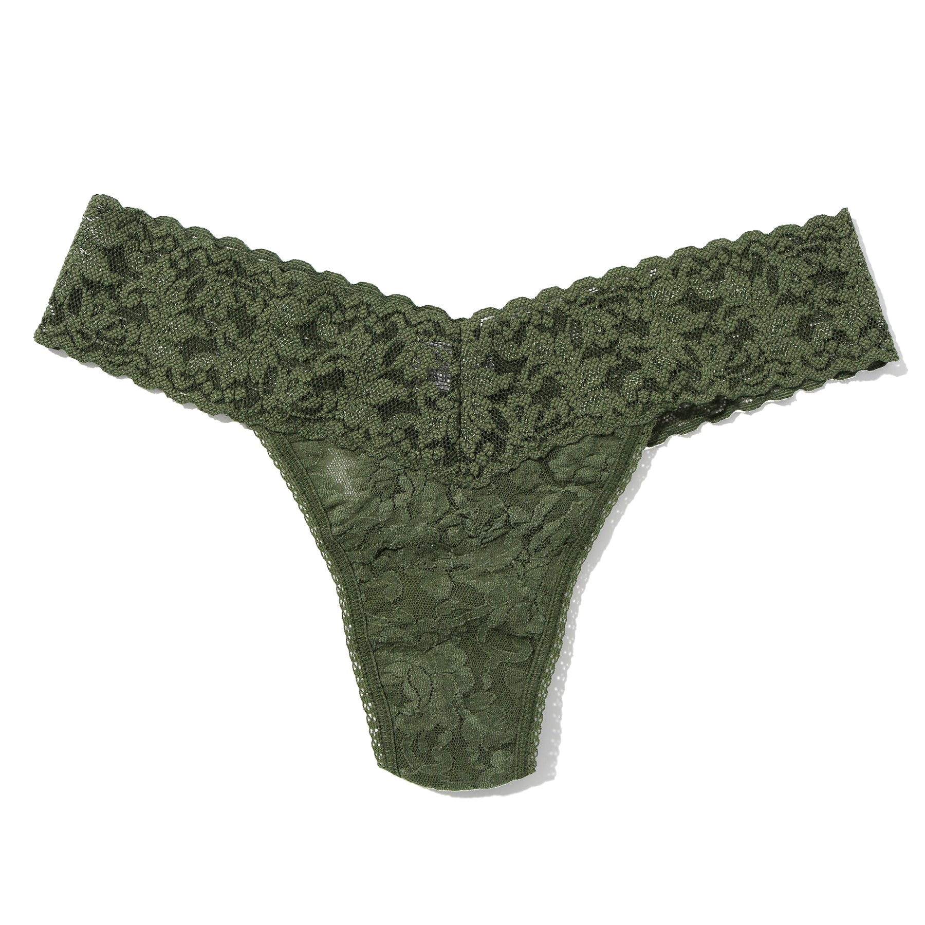 Green lace thong with wide floral lace waistband and sheer lace detailing, flat lay product shot.