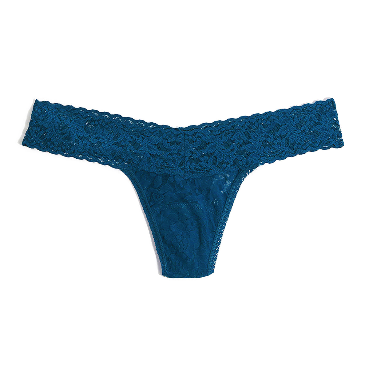 Front flat lay of the Hanky Panky Signature Lace Low Rise Thong in Hot Teal, featuring a wide scalloped lace waistband, delicate floral lace fabric, and low-rise thong silhouette on a white background.
