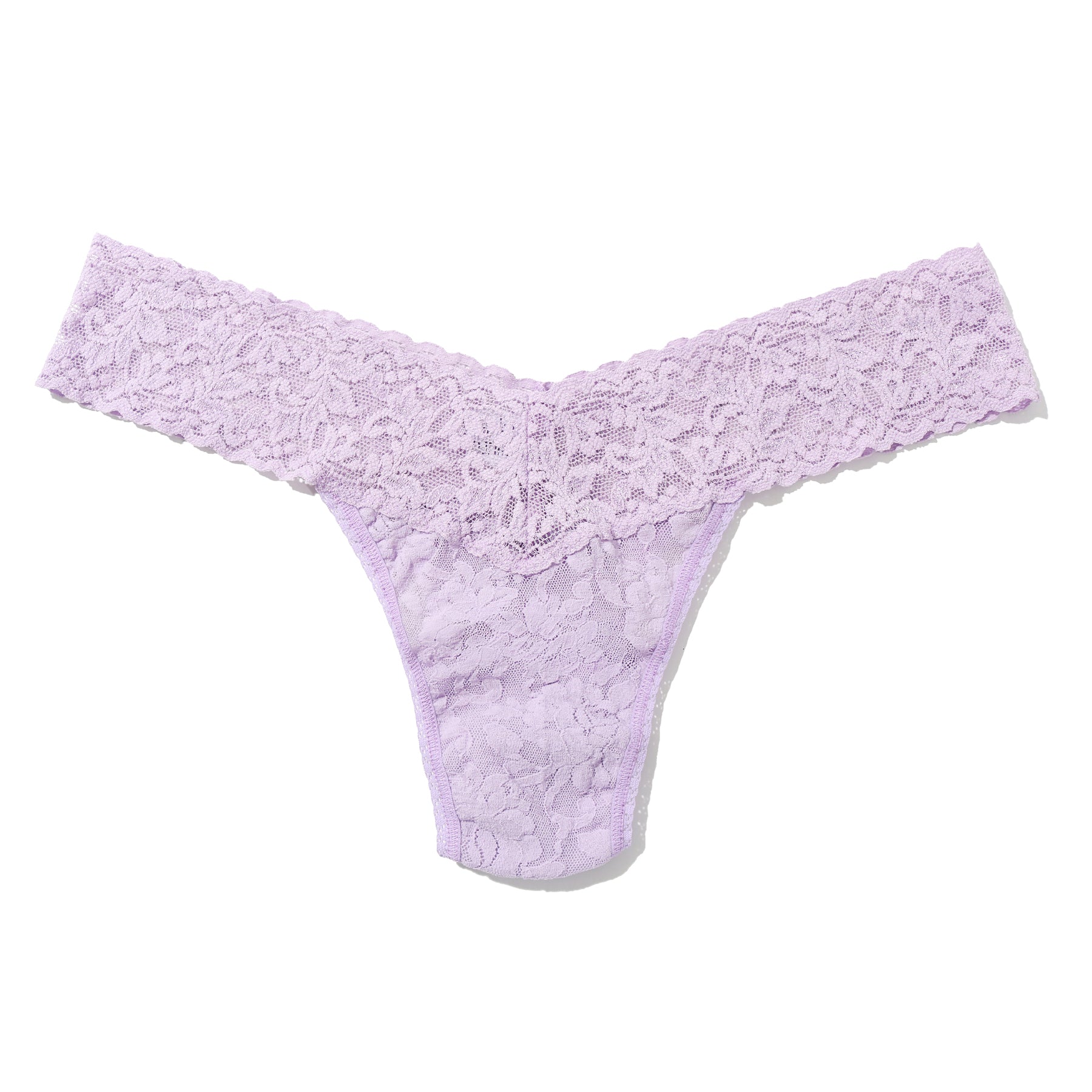 Lavender lace thong with wide floral waistband, displayed flat on white background.